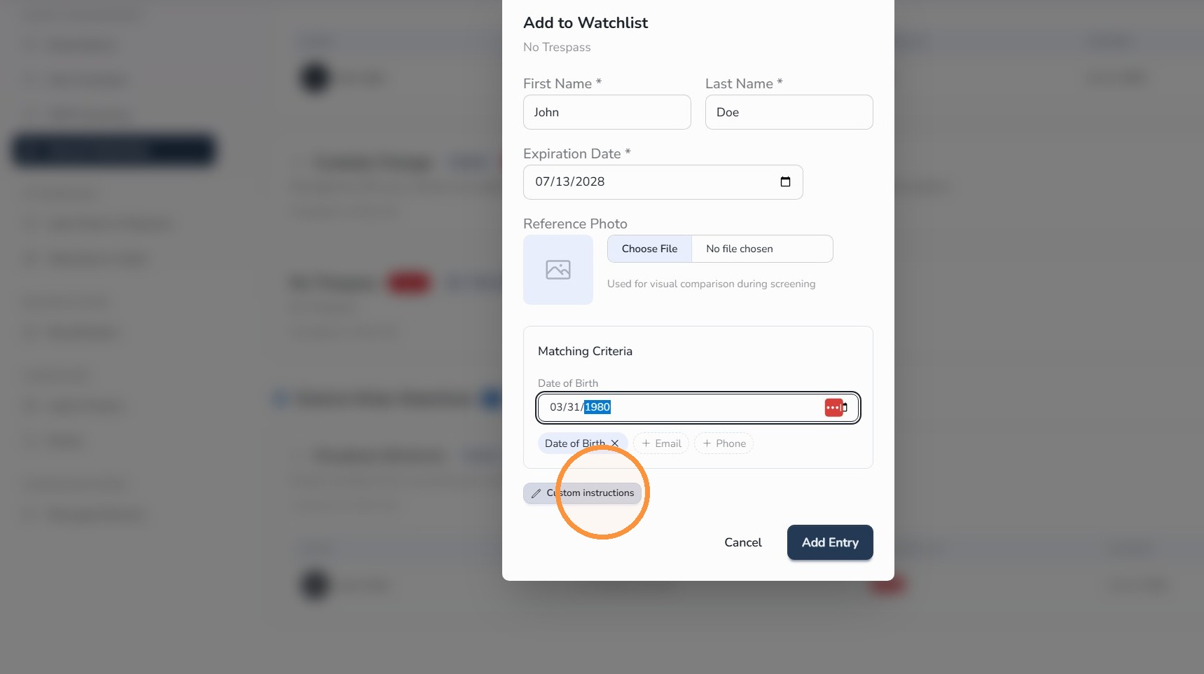 Enable custom operator instructions for Watchlist entry