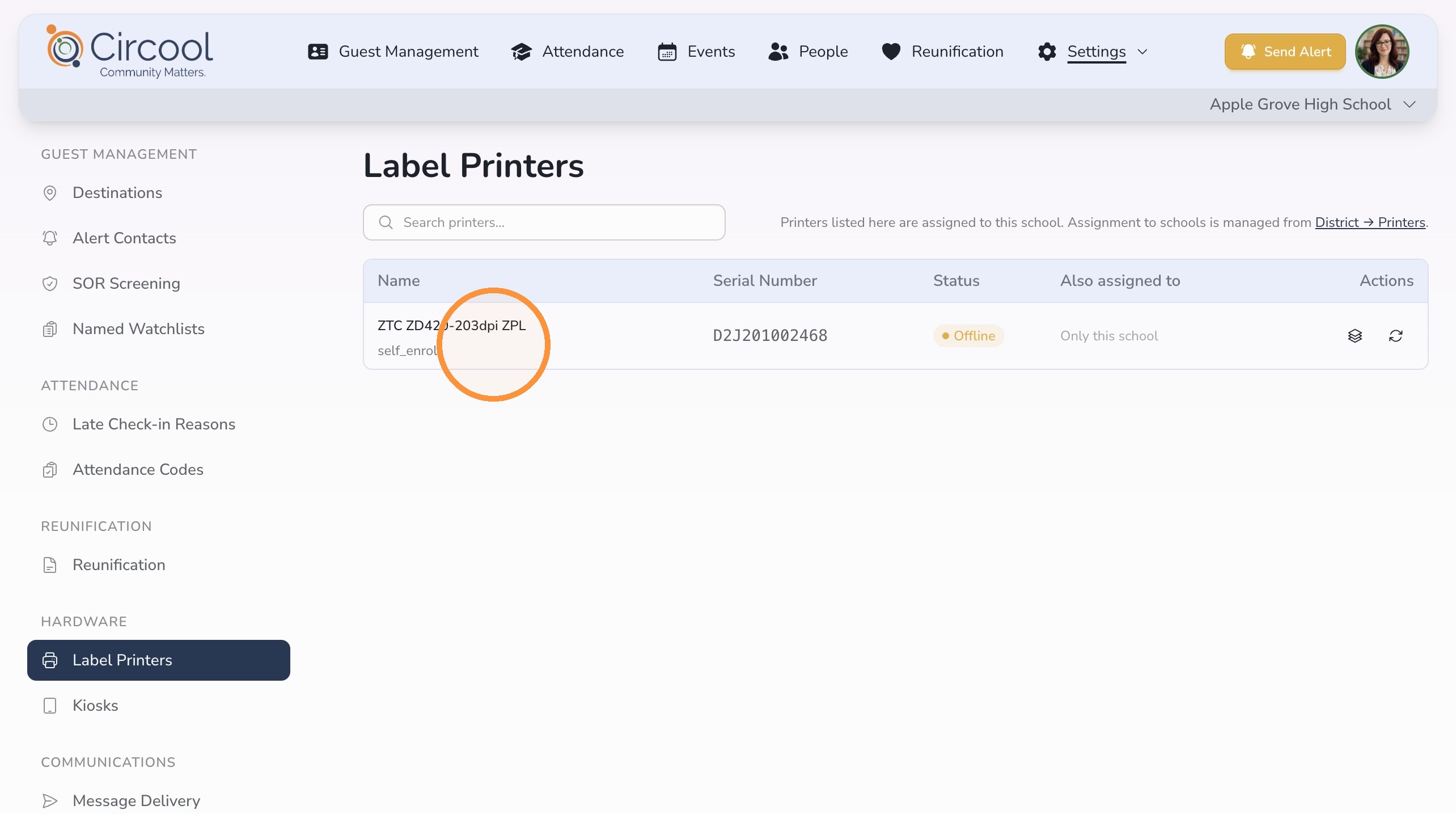 Label Printers list in Circool hardware settings