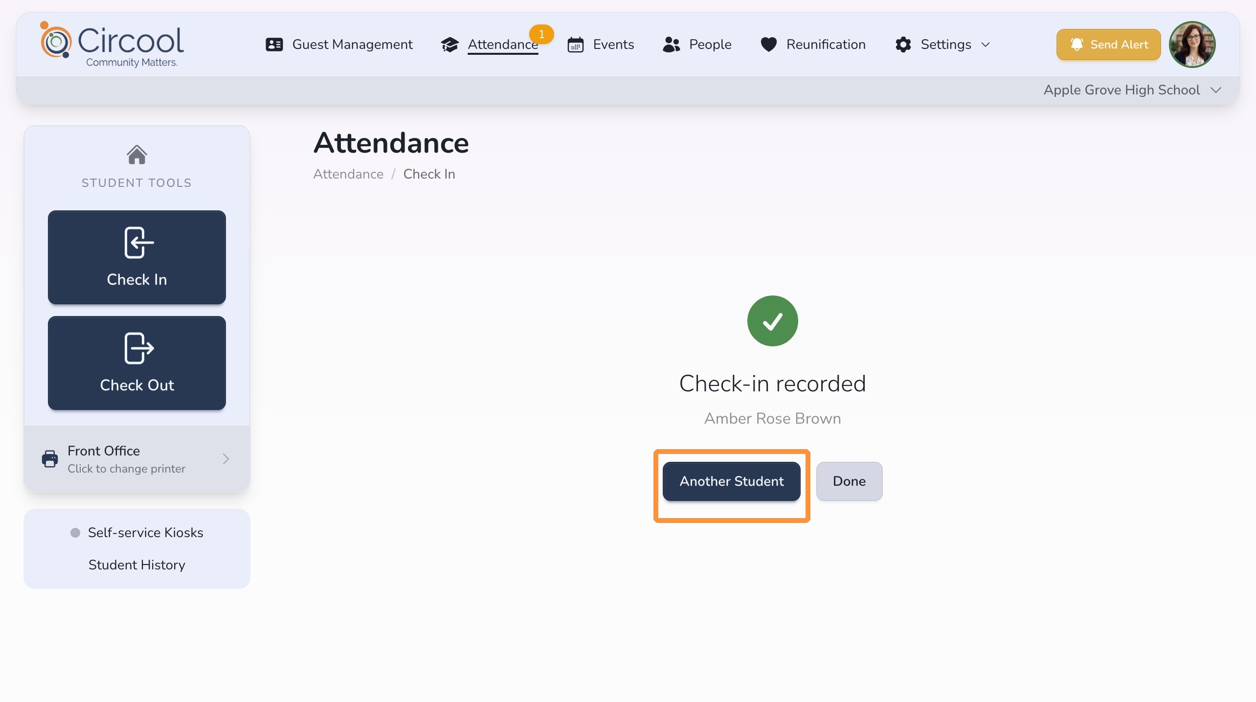 Another Student button after check-in