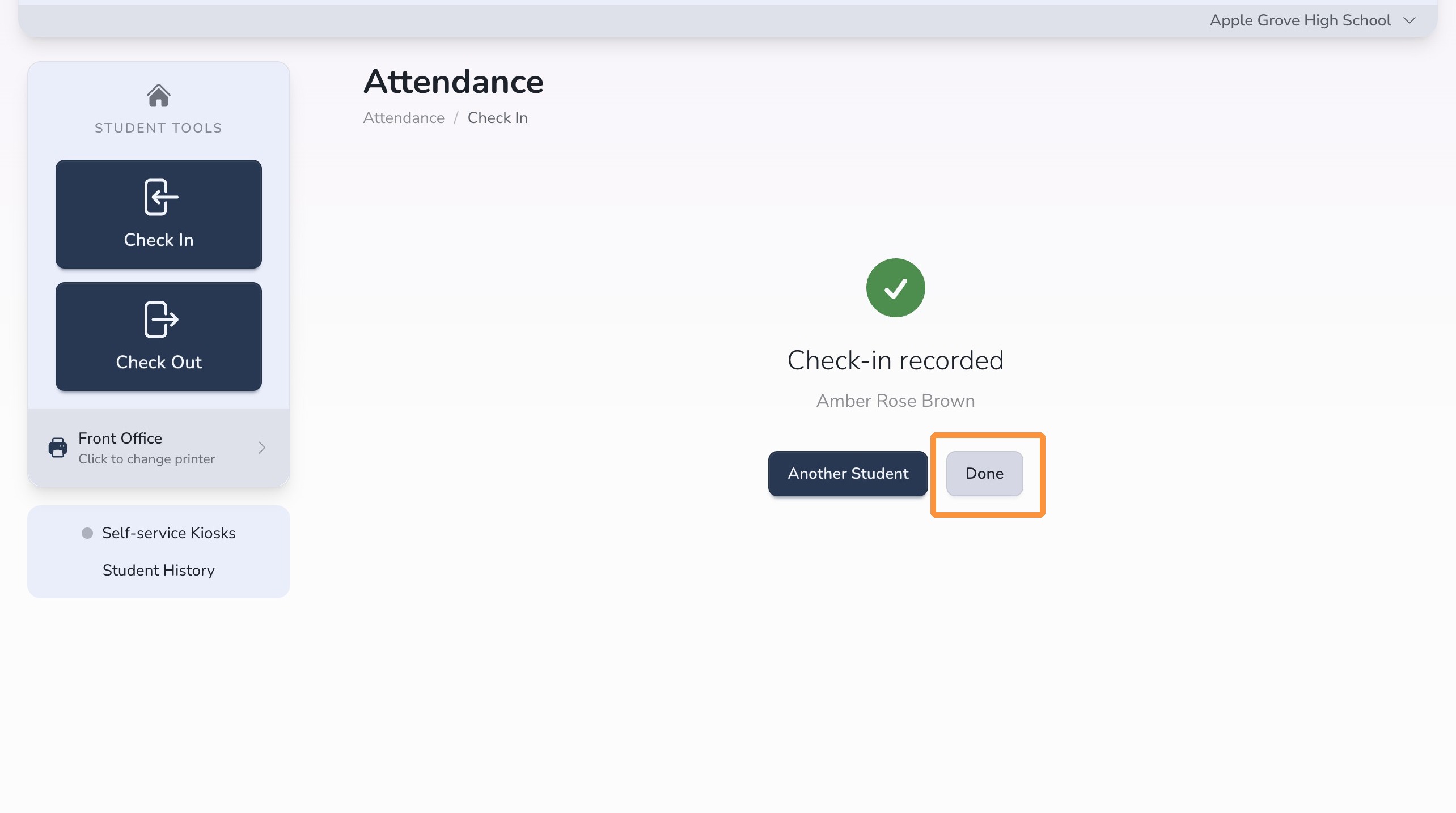 Done button after student check-in