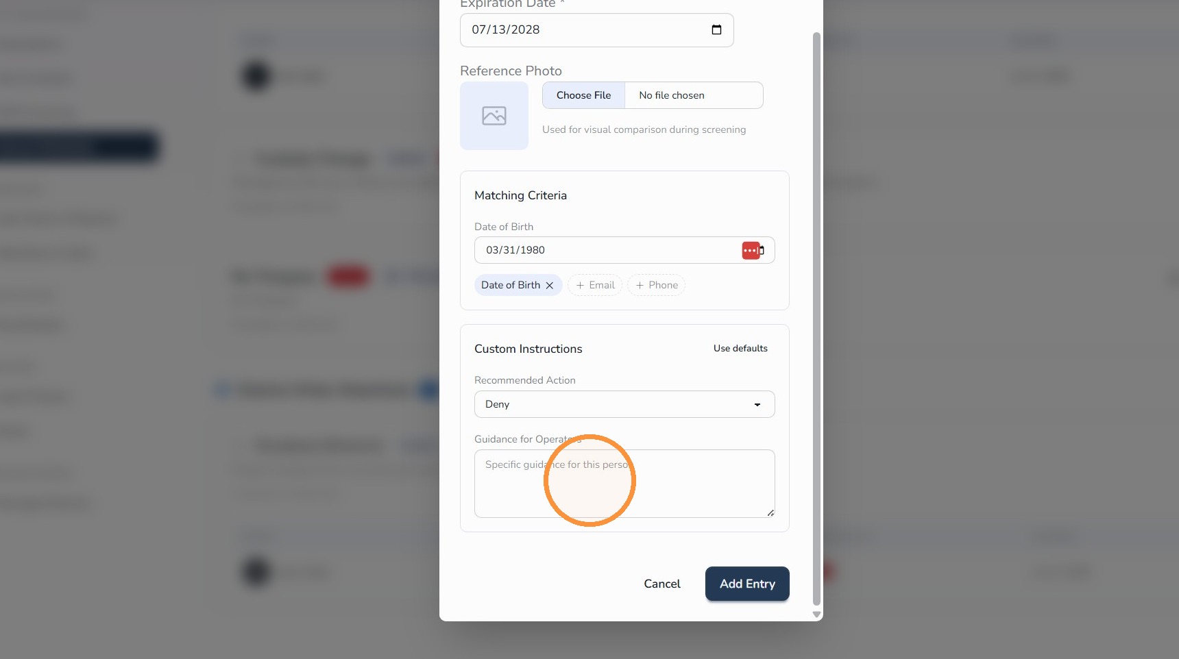 Enter Watchlist operator instructions in Circool