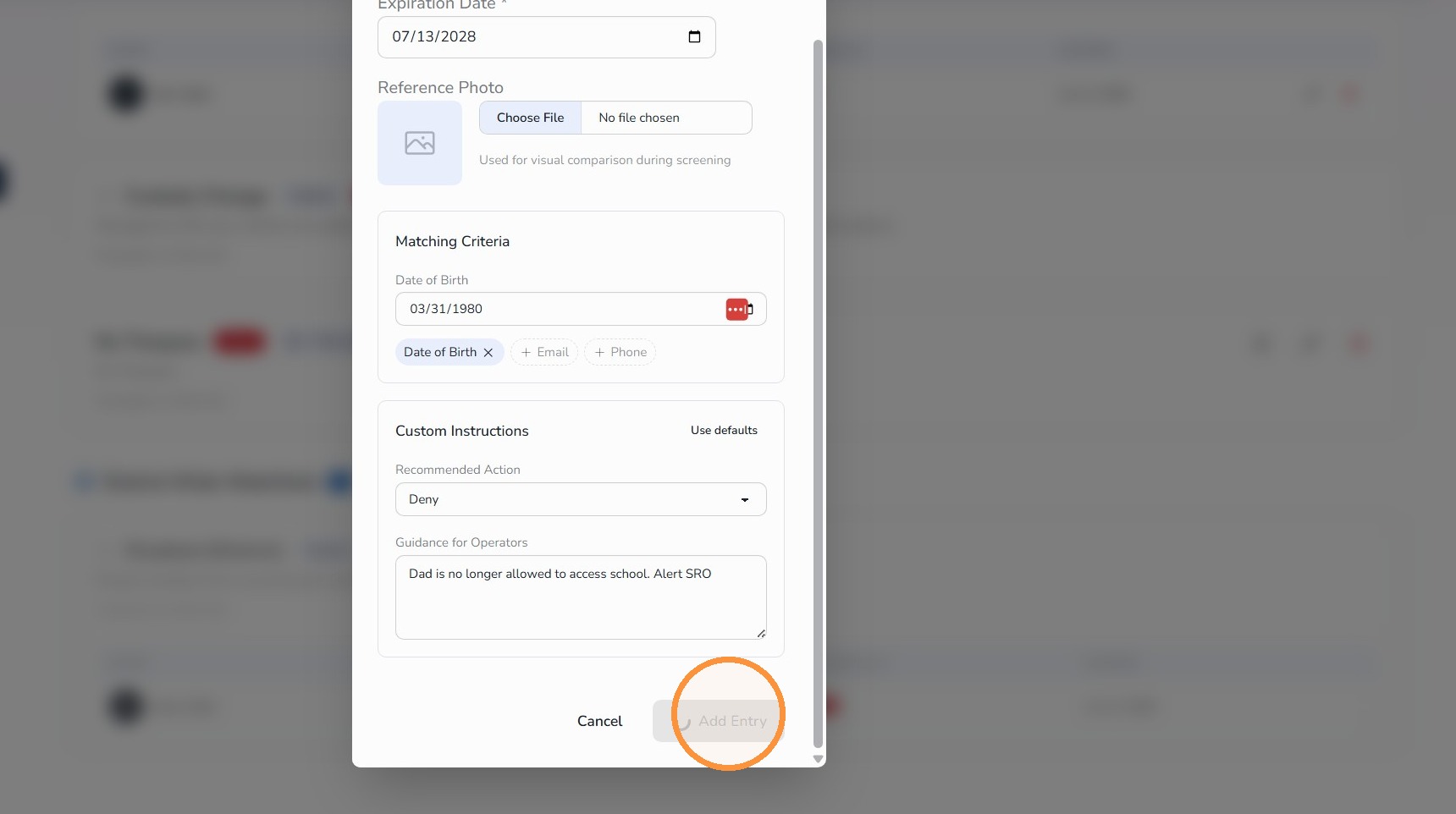Add Entry button for Watchlist member
