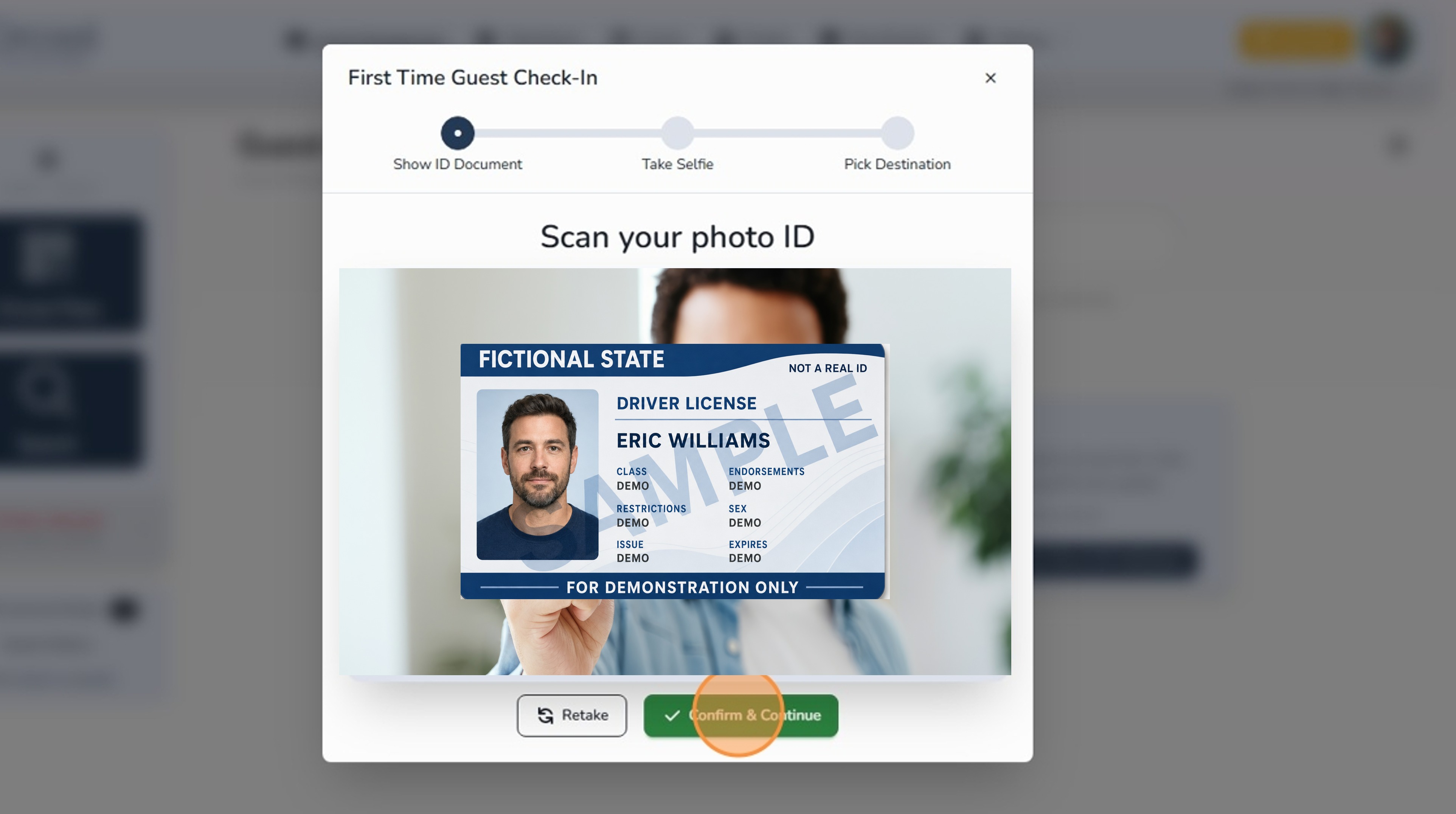 Guest captures ID photo on kiosk