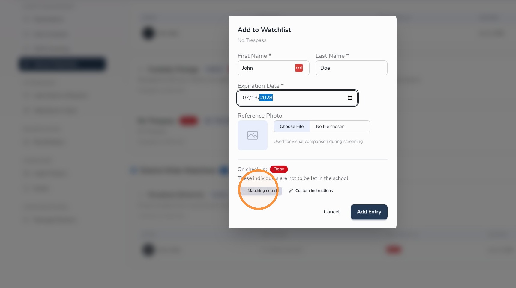 Date of birth matching criteria for Watchlist entry
