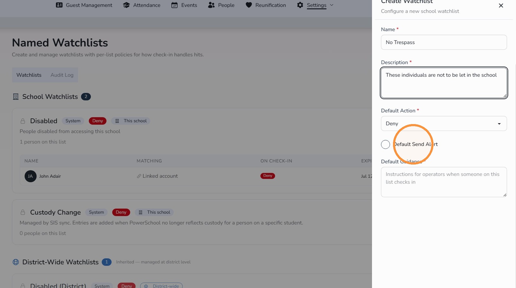 Enable Default Send Alert for a Watchlist