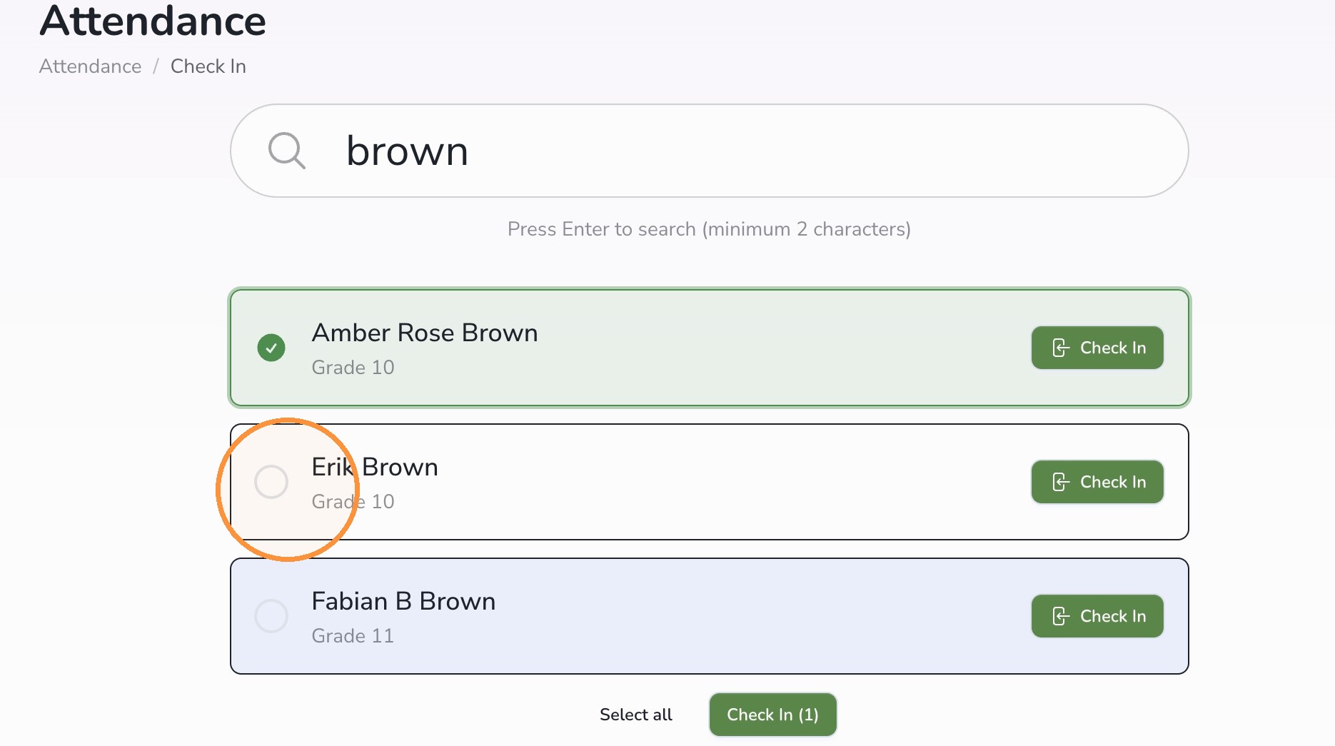 Multiple student selection for check-in