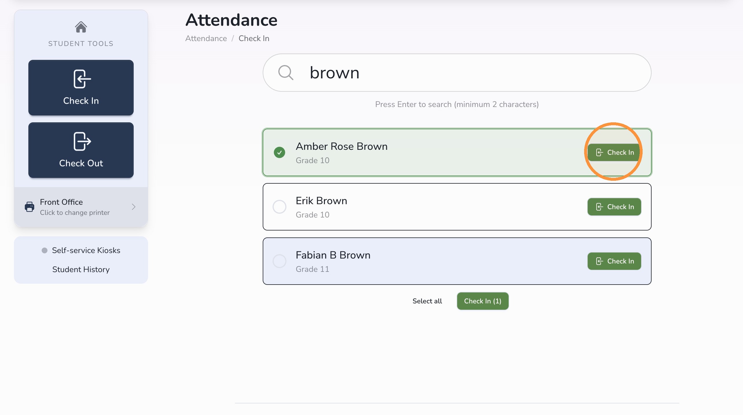 Student tile selected for check-in