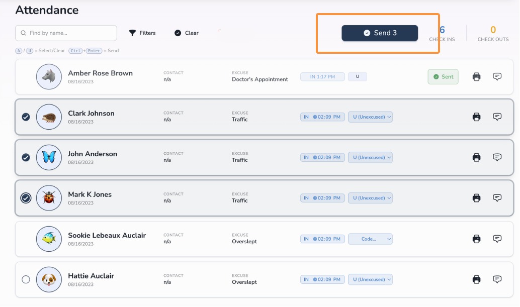 Select All and Send tardy records