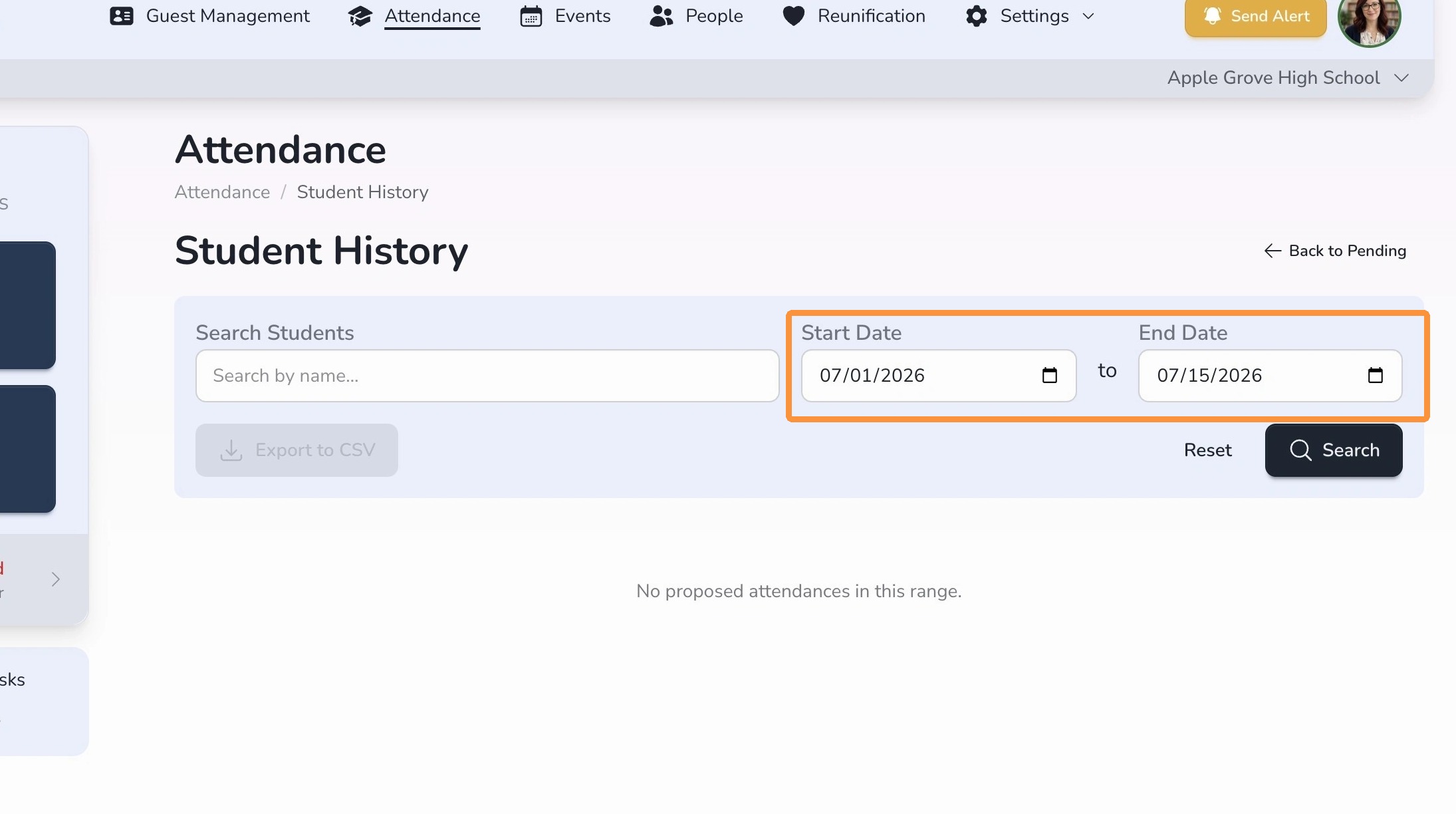 Student check-in and check-out history results