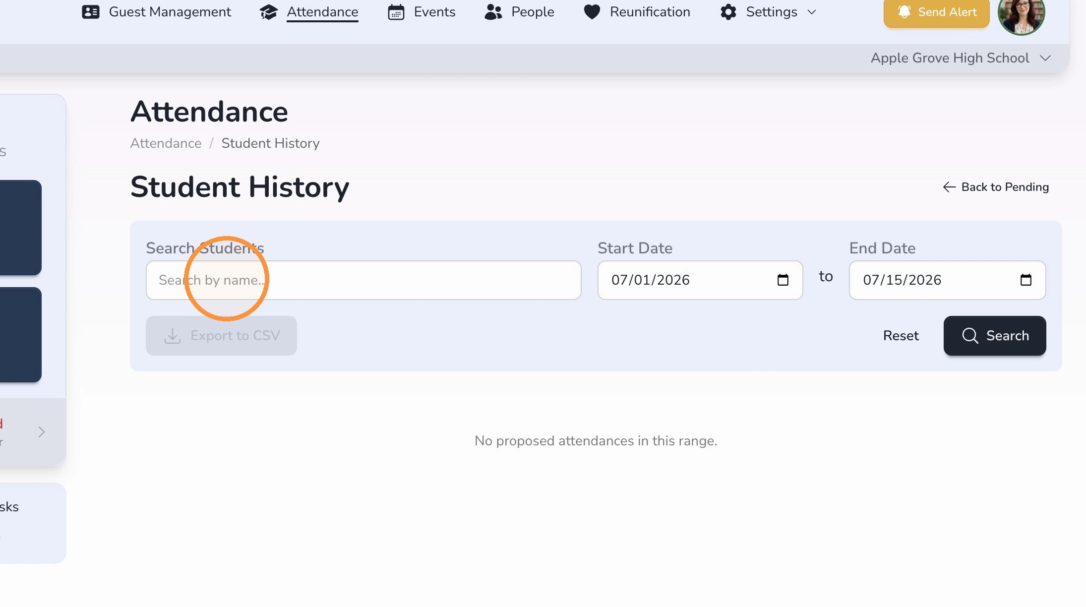Student history search filters