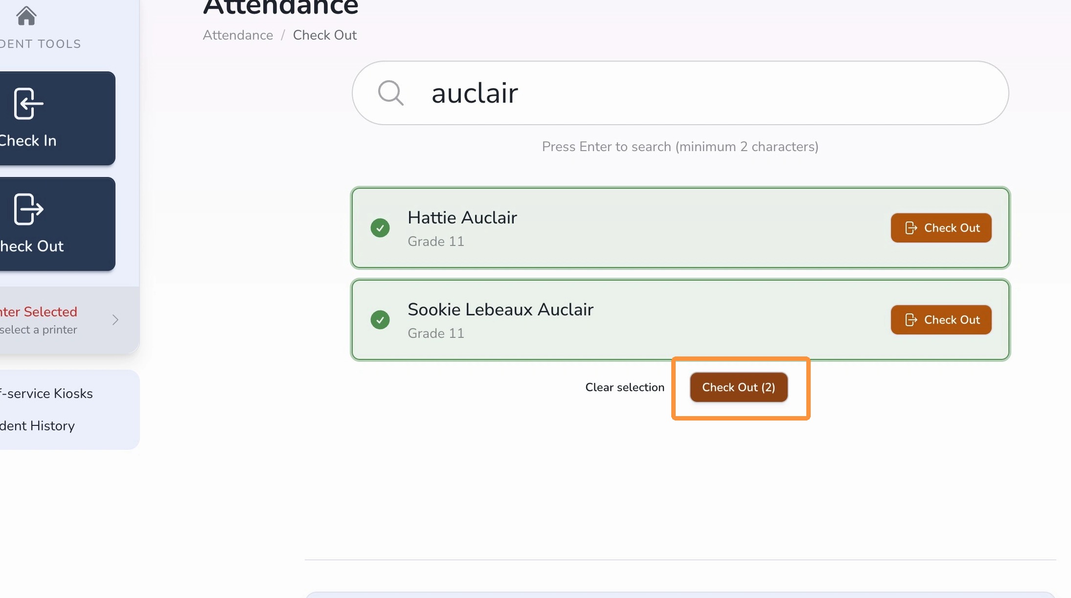 Multiple student check-out selection in Circool