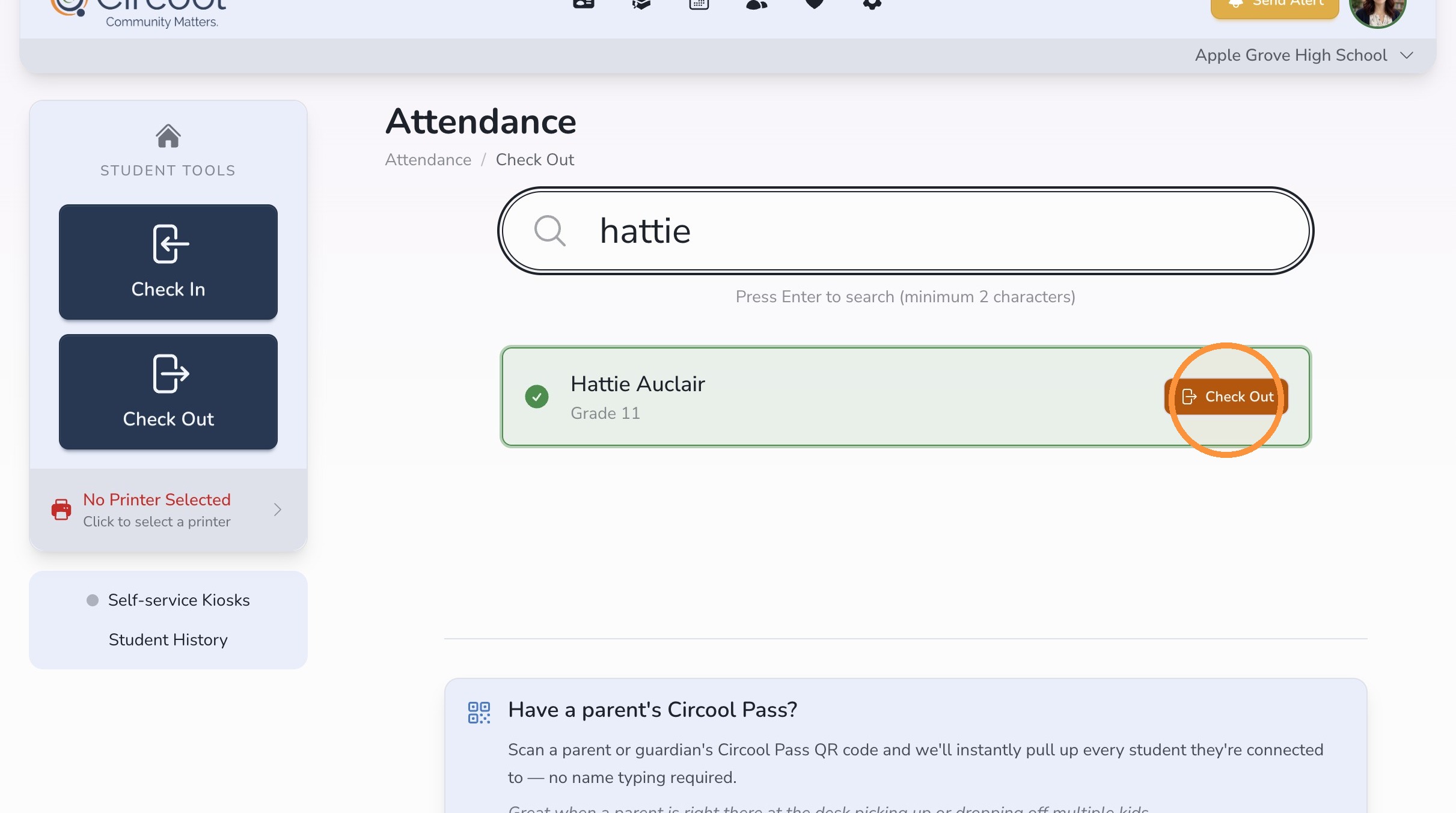 Student tile with Check Out button