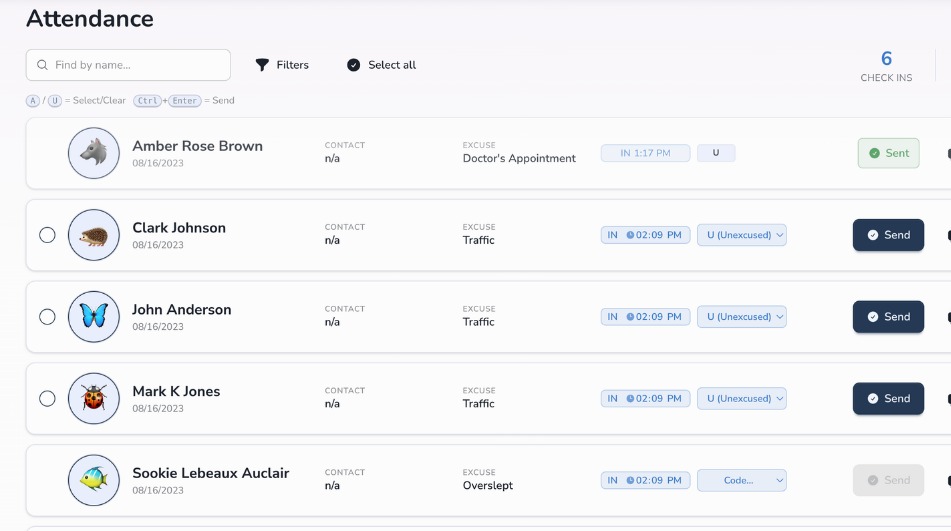 Attendance dashboard with tardy records