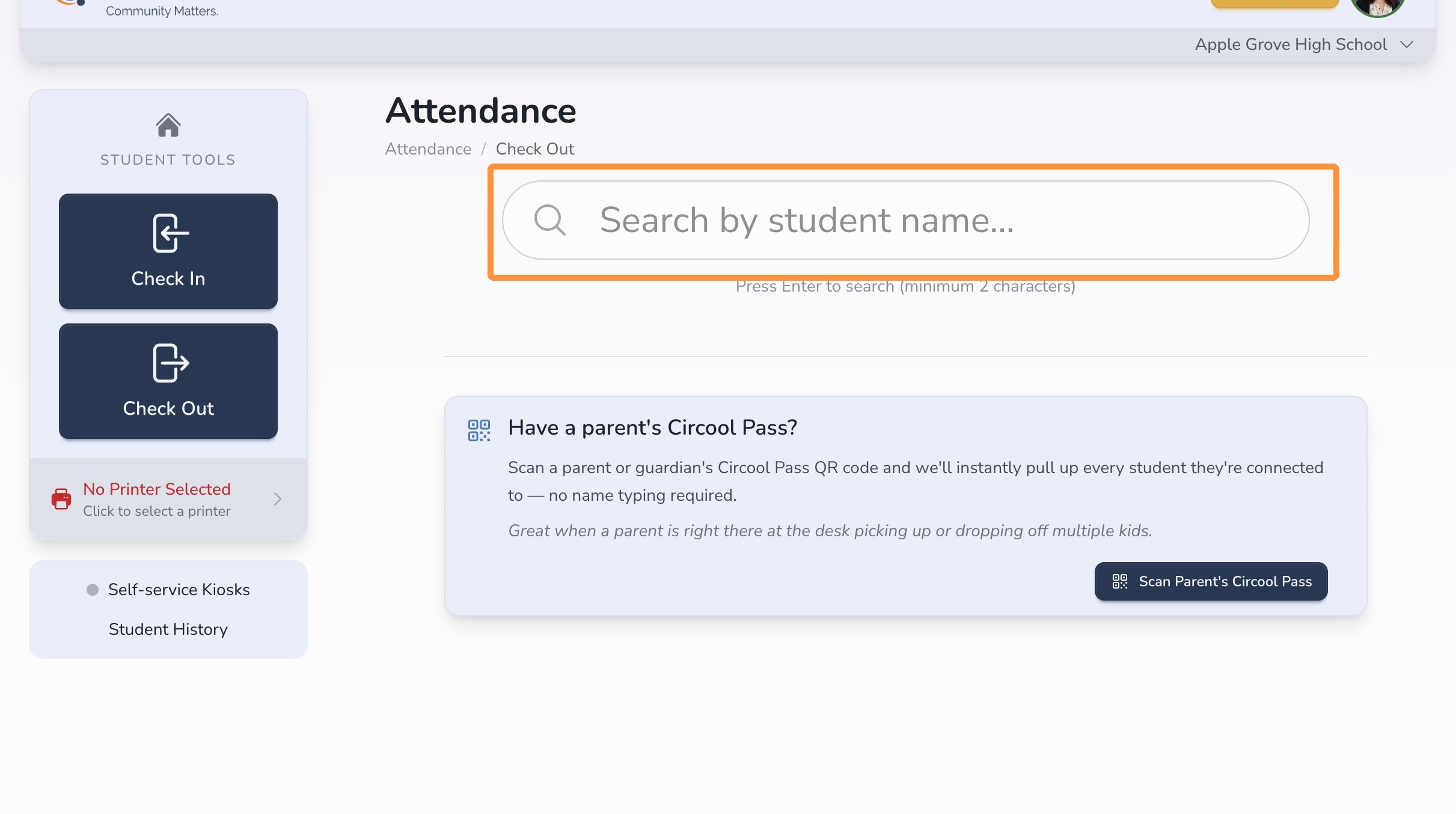 Search for a student by name for check-out