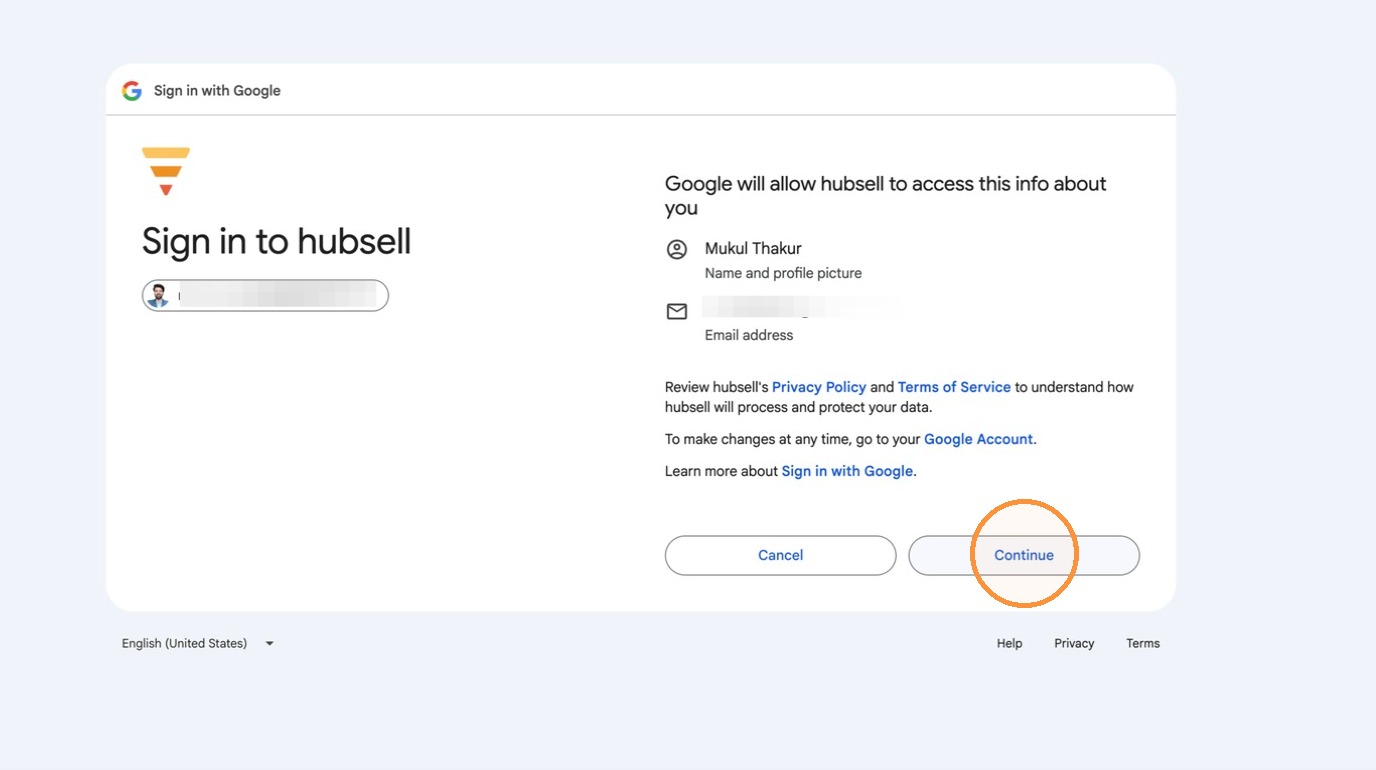 The Continue button in the Google sign in flow