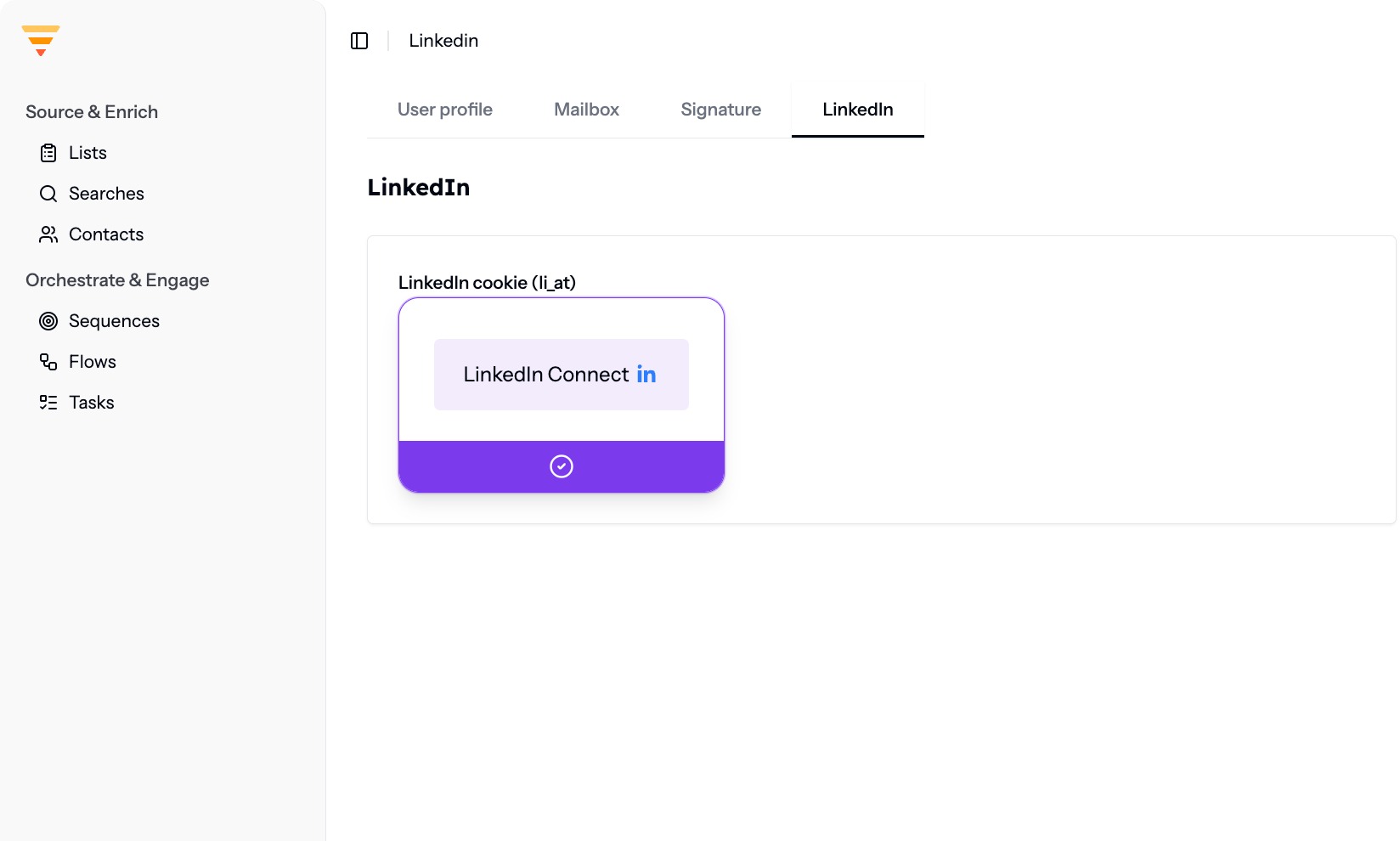 The LinkedIn tab showing a connected status