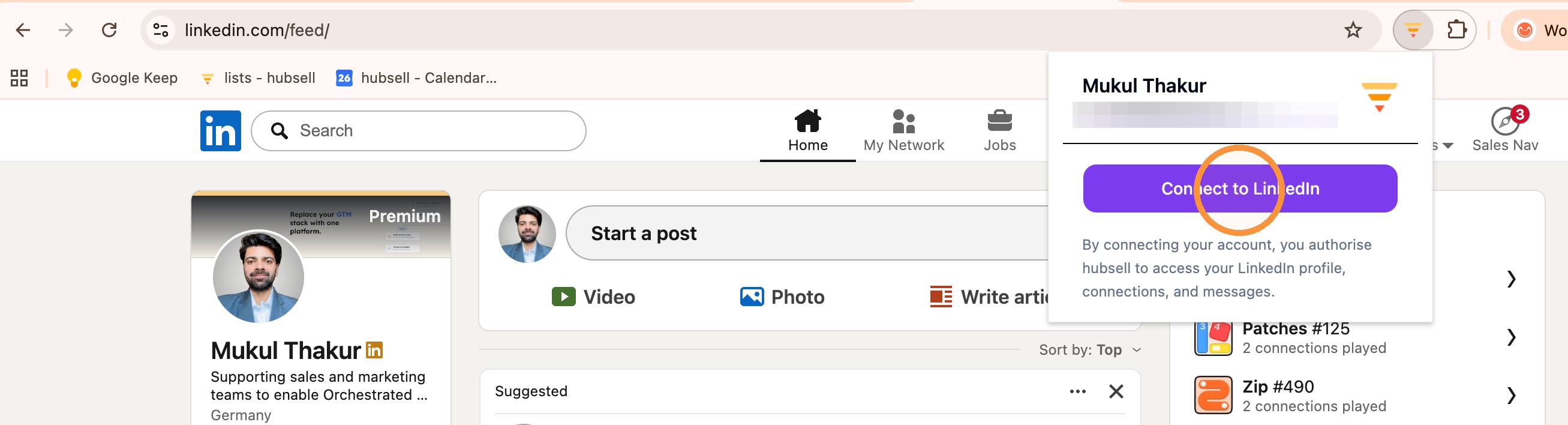 The Connect to LinkedIn button in the plugin pop-up