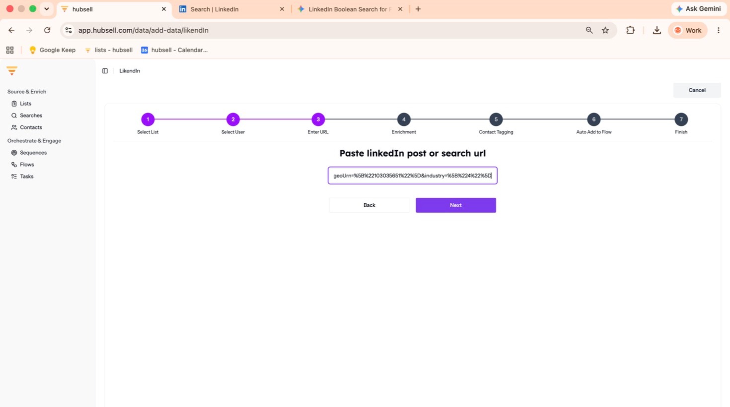 Pasting the search URL into the URL box