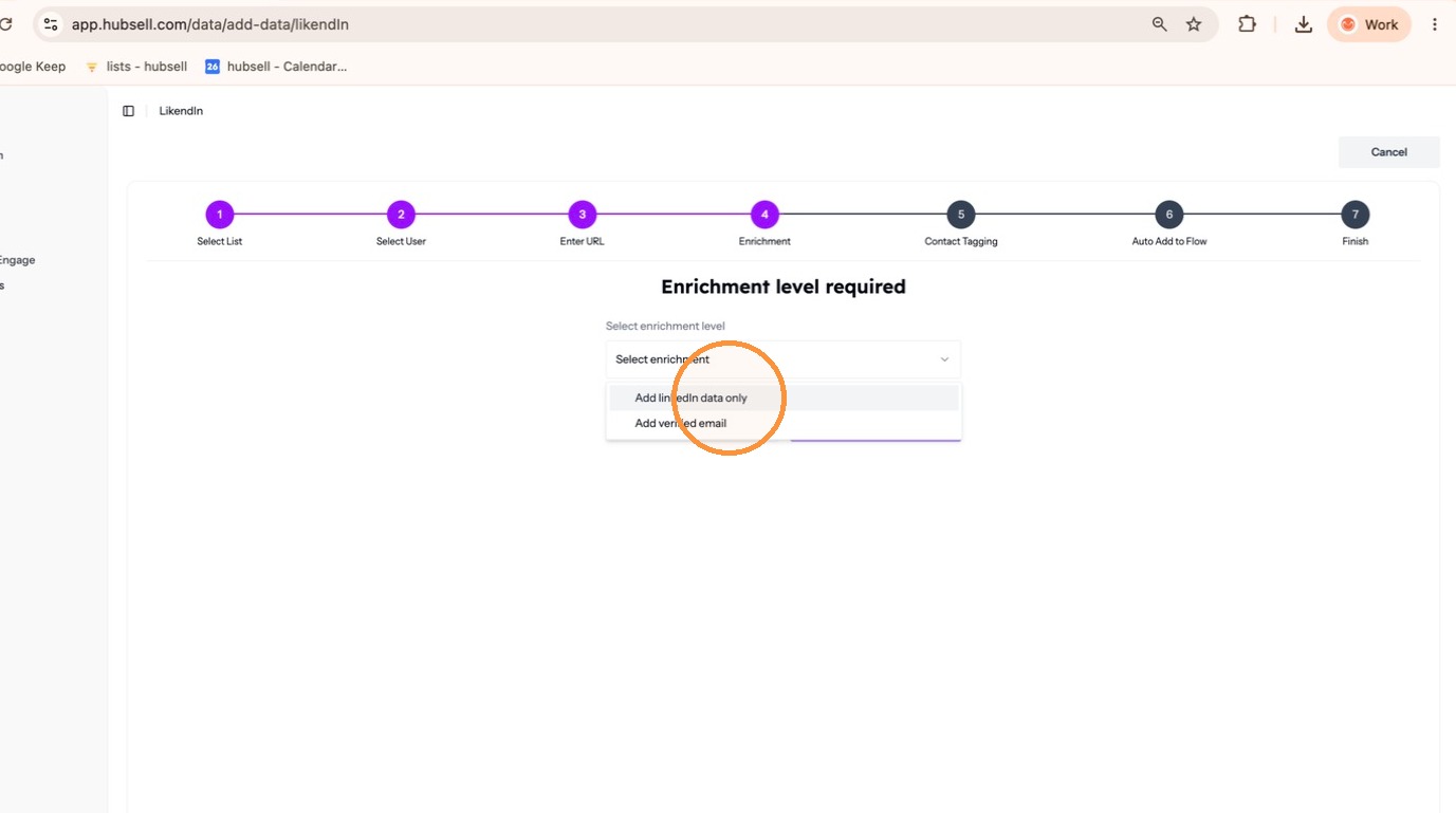 Selecting the enrichment level for the import