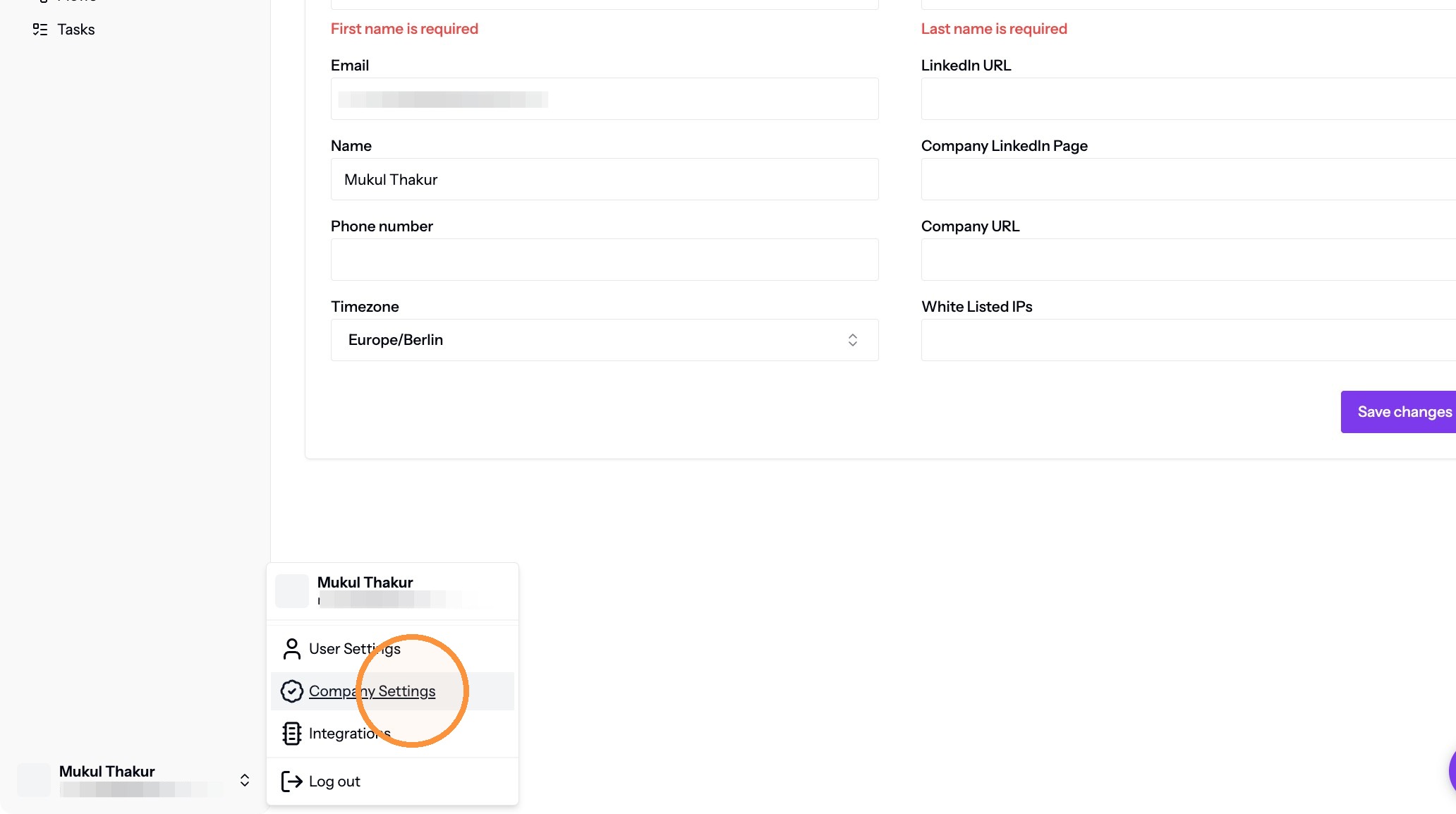 Company Settings in the profile menu