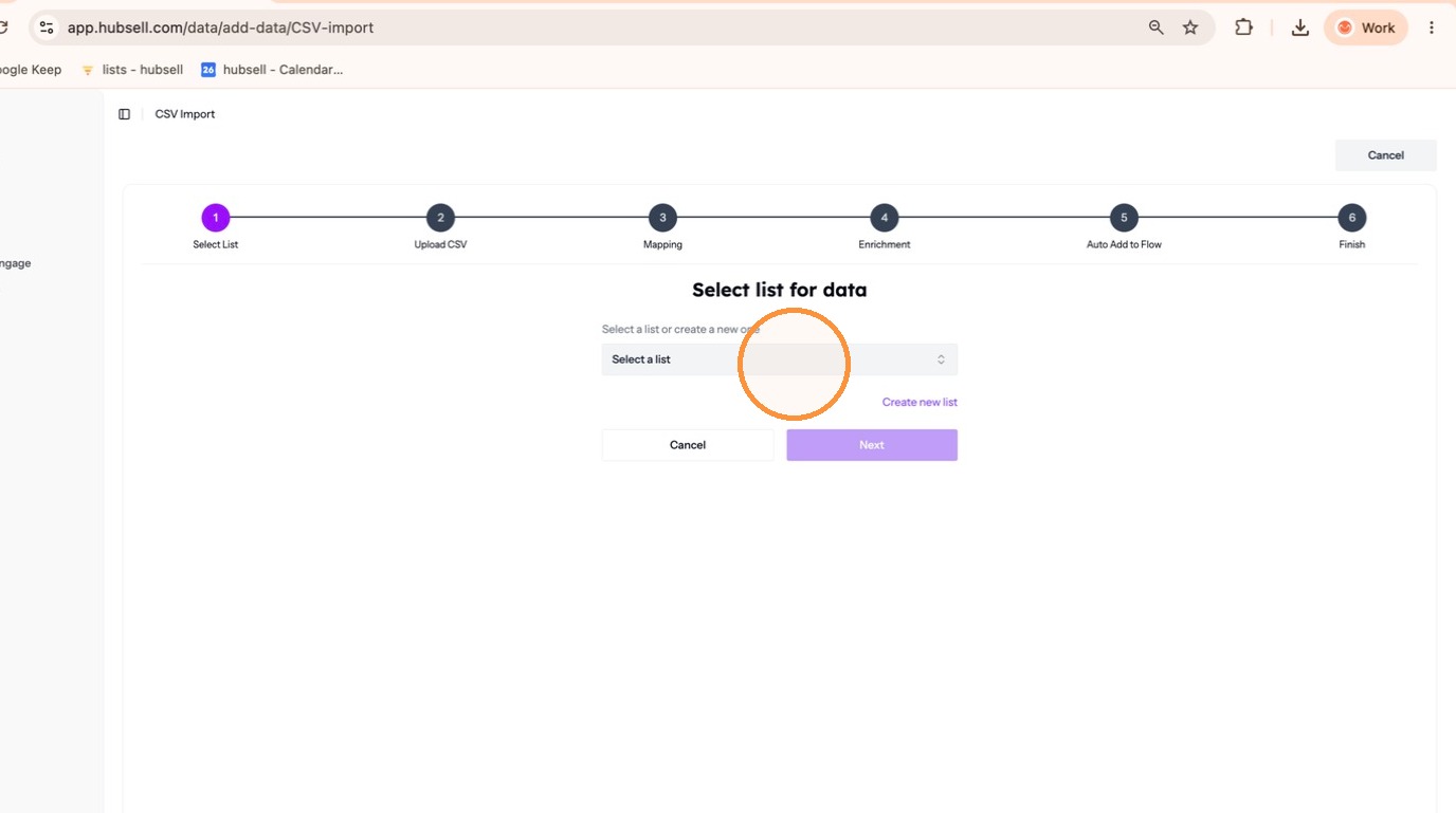 Choosing a list for the CSV import