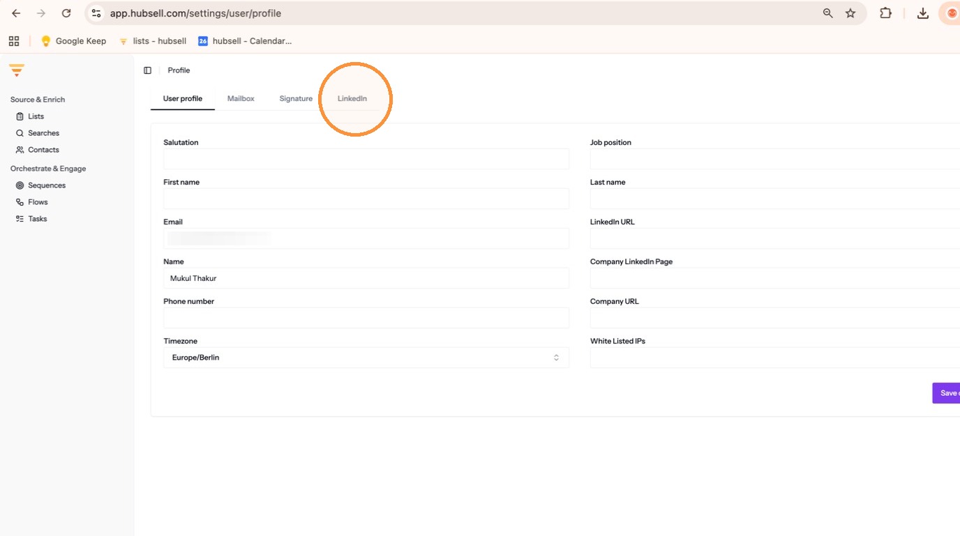 The LinkedIn tab under User Settings