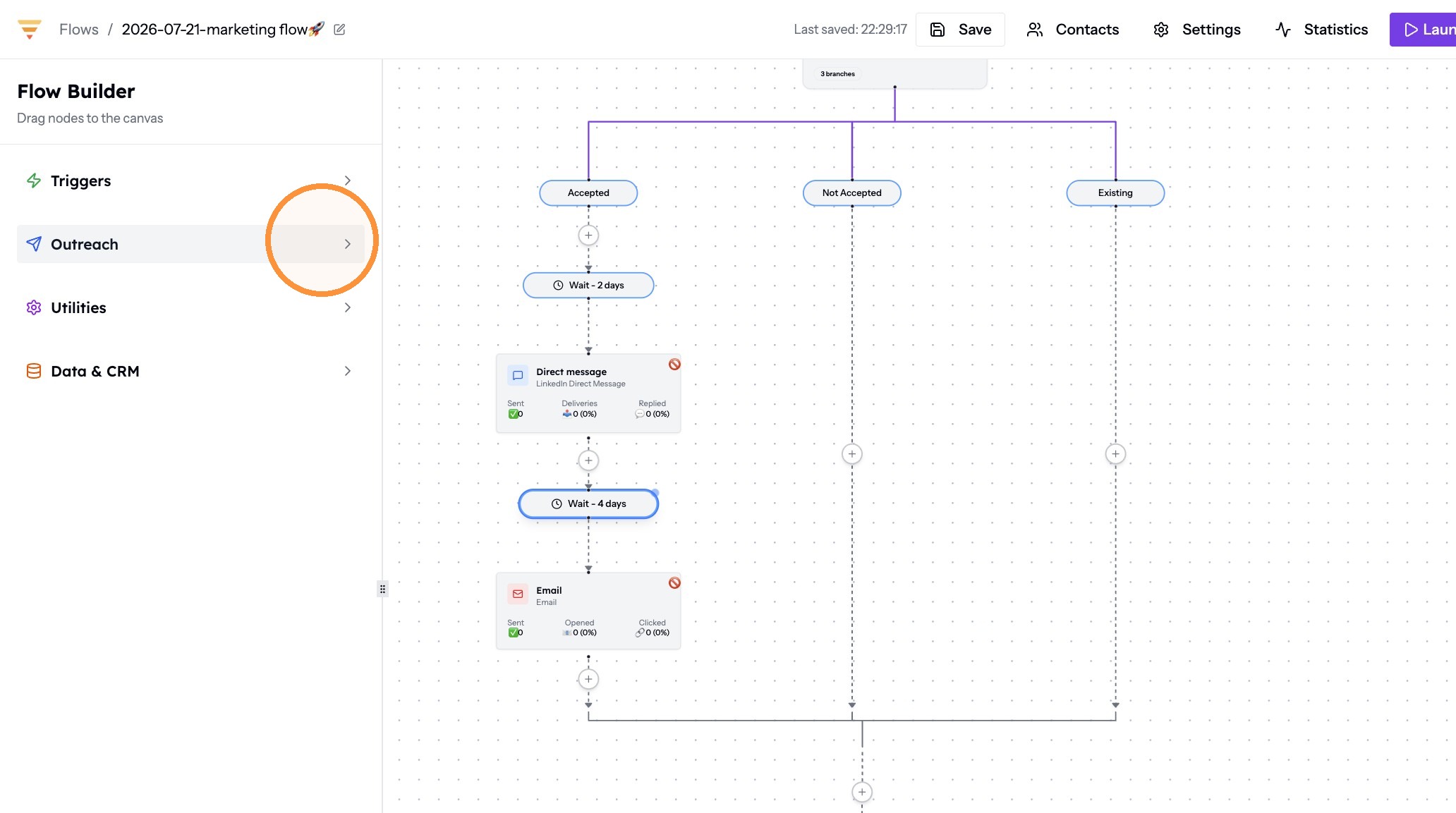 A branch built out with outreach steps and conditions