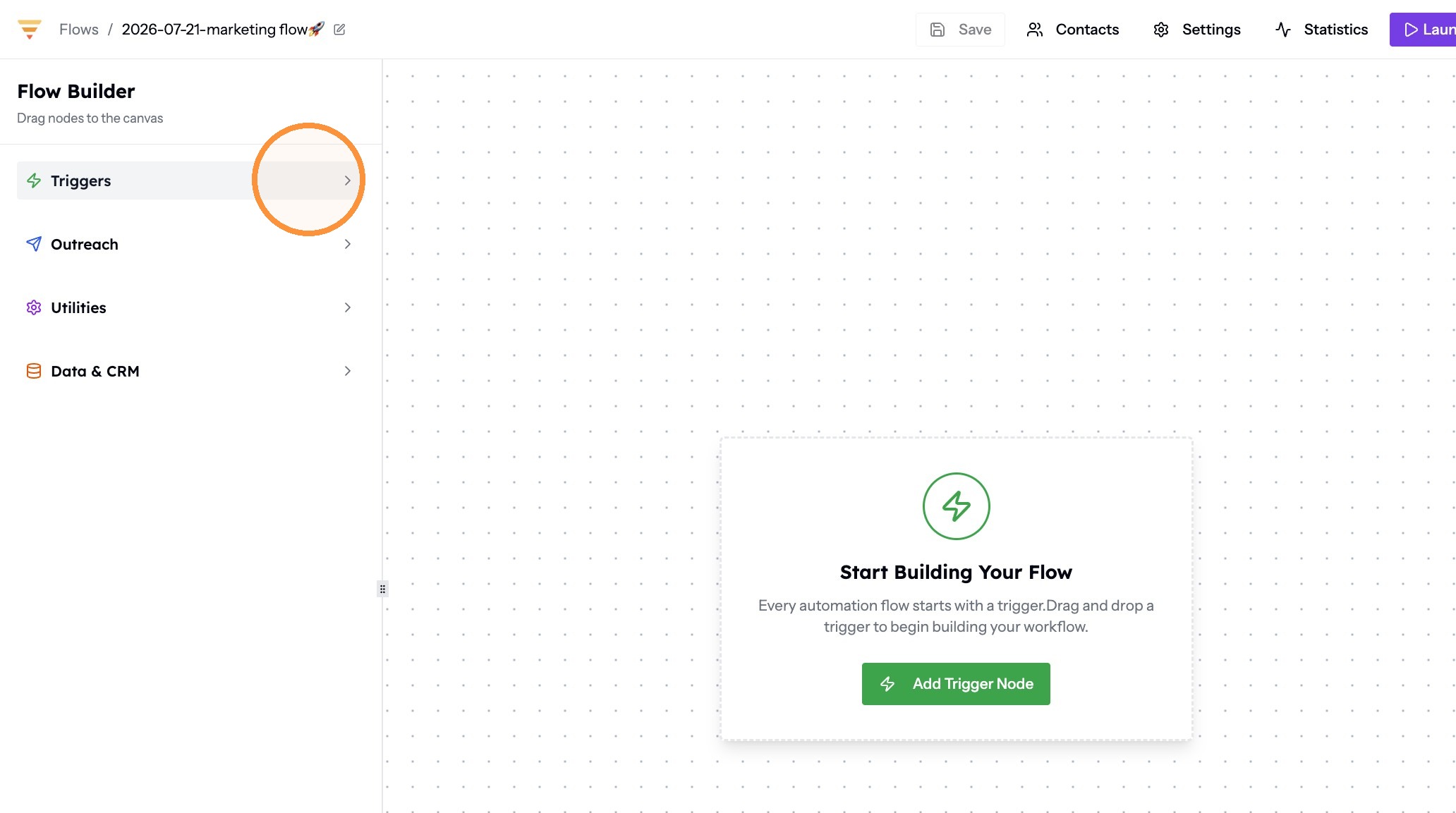 The Triggers menu in the flow builder