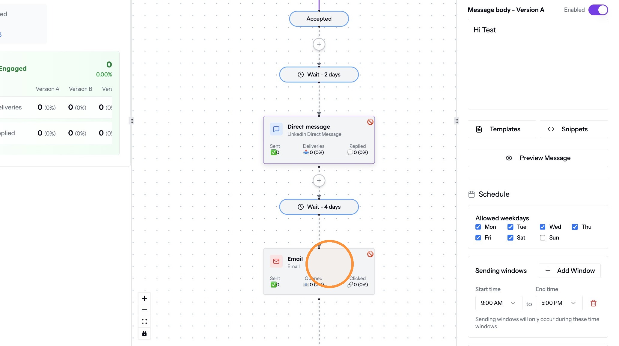 The email step editor with subject and body
