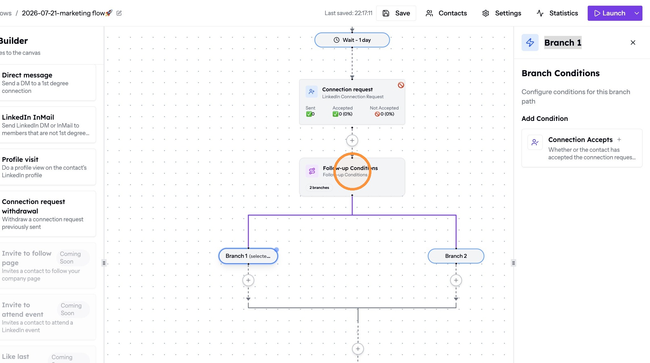 Defining the branches on the Follow-up Conditions card
