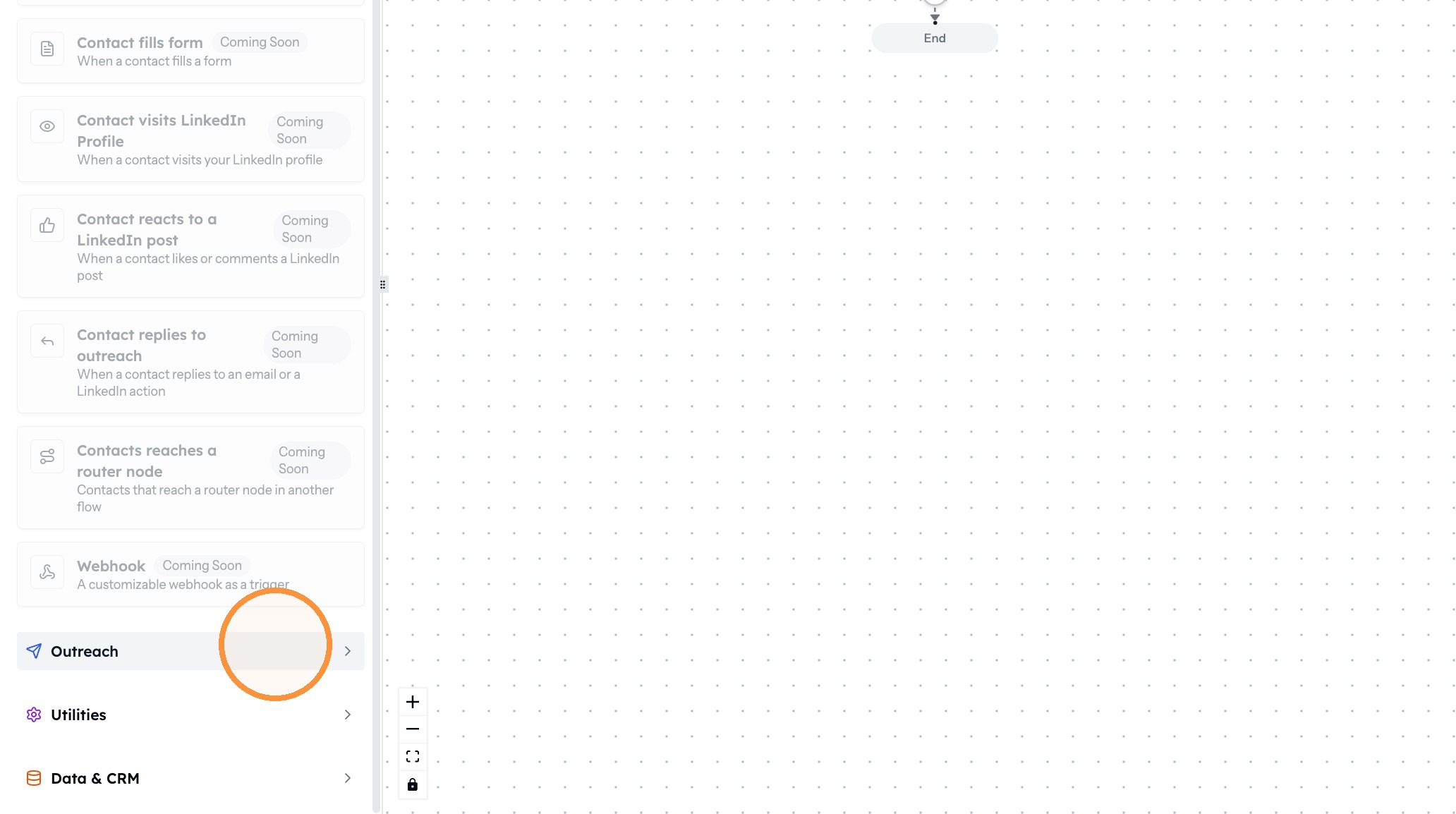 The Outreach menu in the flow builder