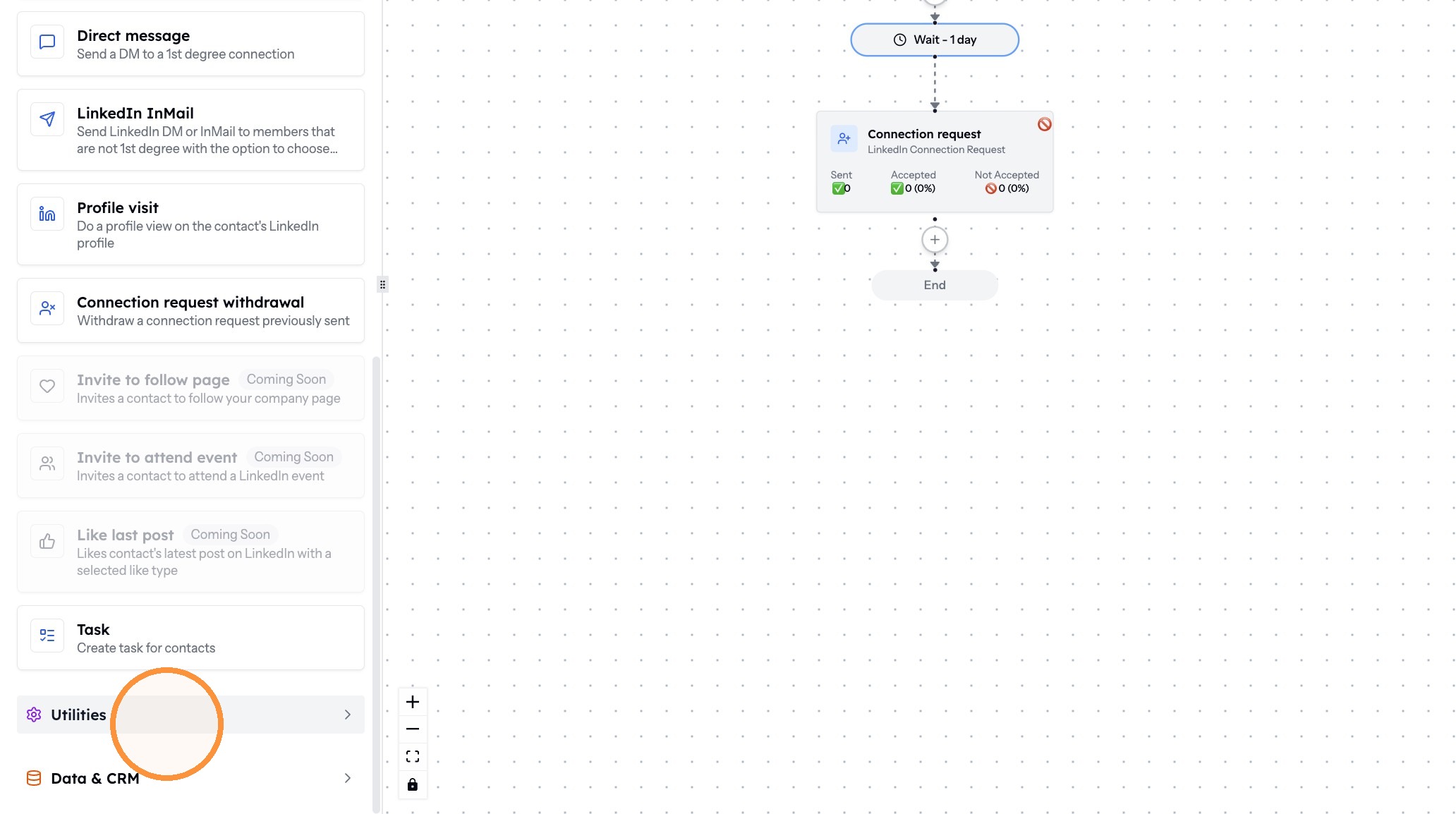 The Utilities menu in the flow builder