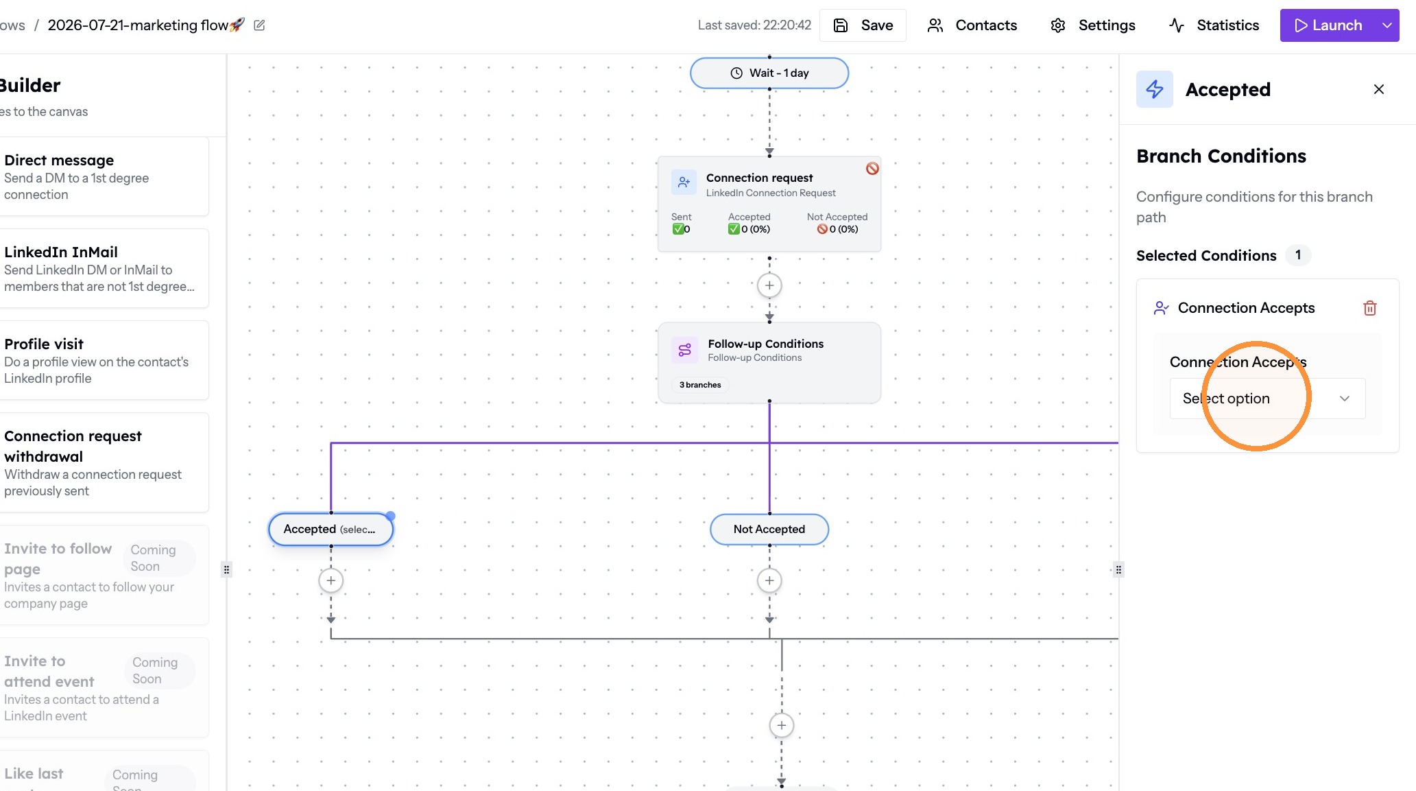 Selecting a condition from the drop-down