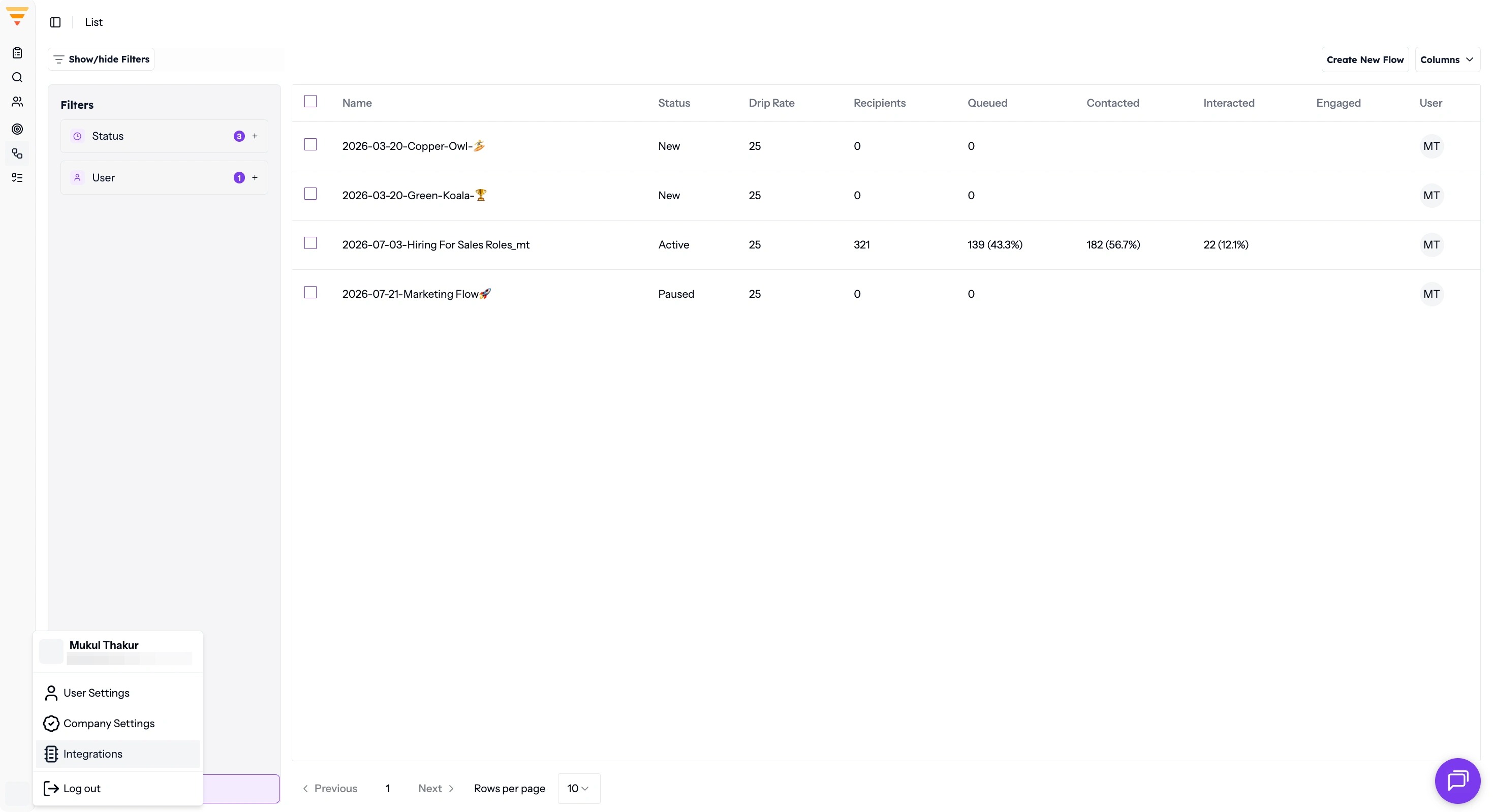 Integrations in the profile menu