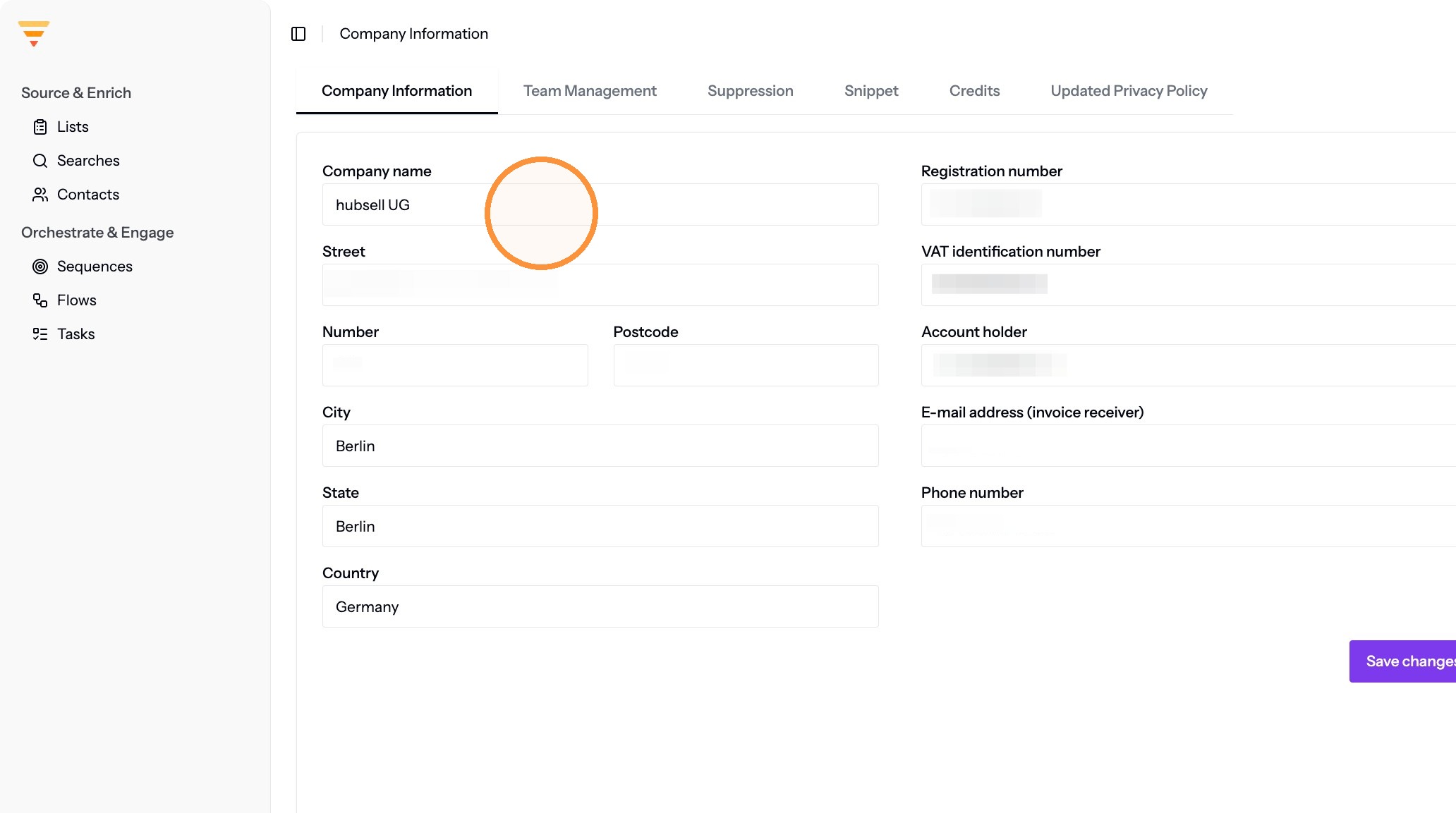 The Company information tab with its form fields