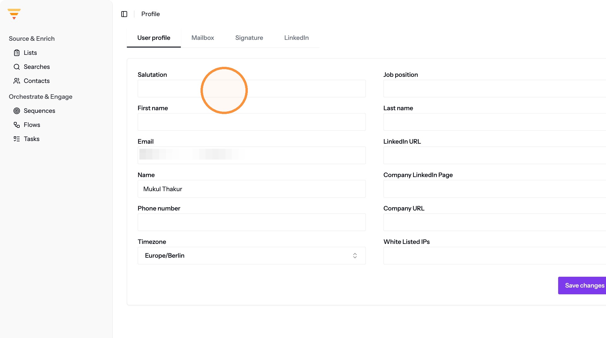 The personal details form under User Settings