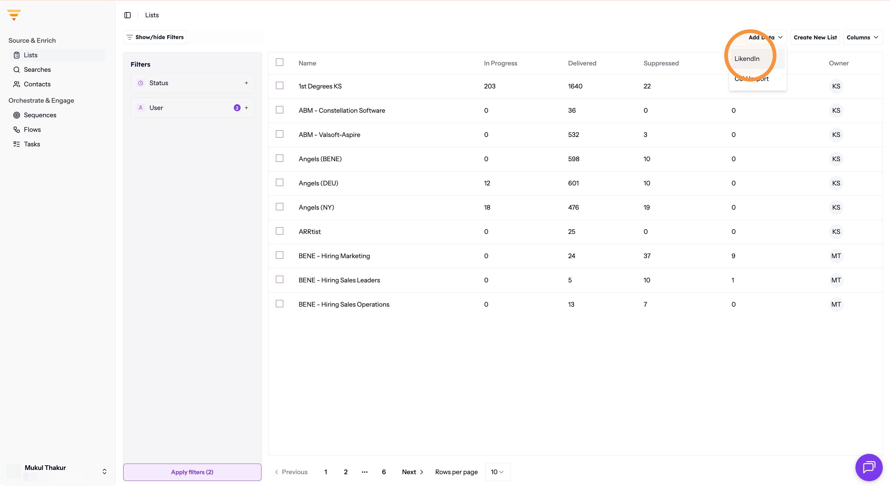 Adding data from LinkedIn in the Lists screen