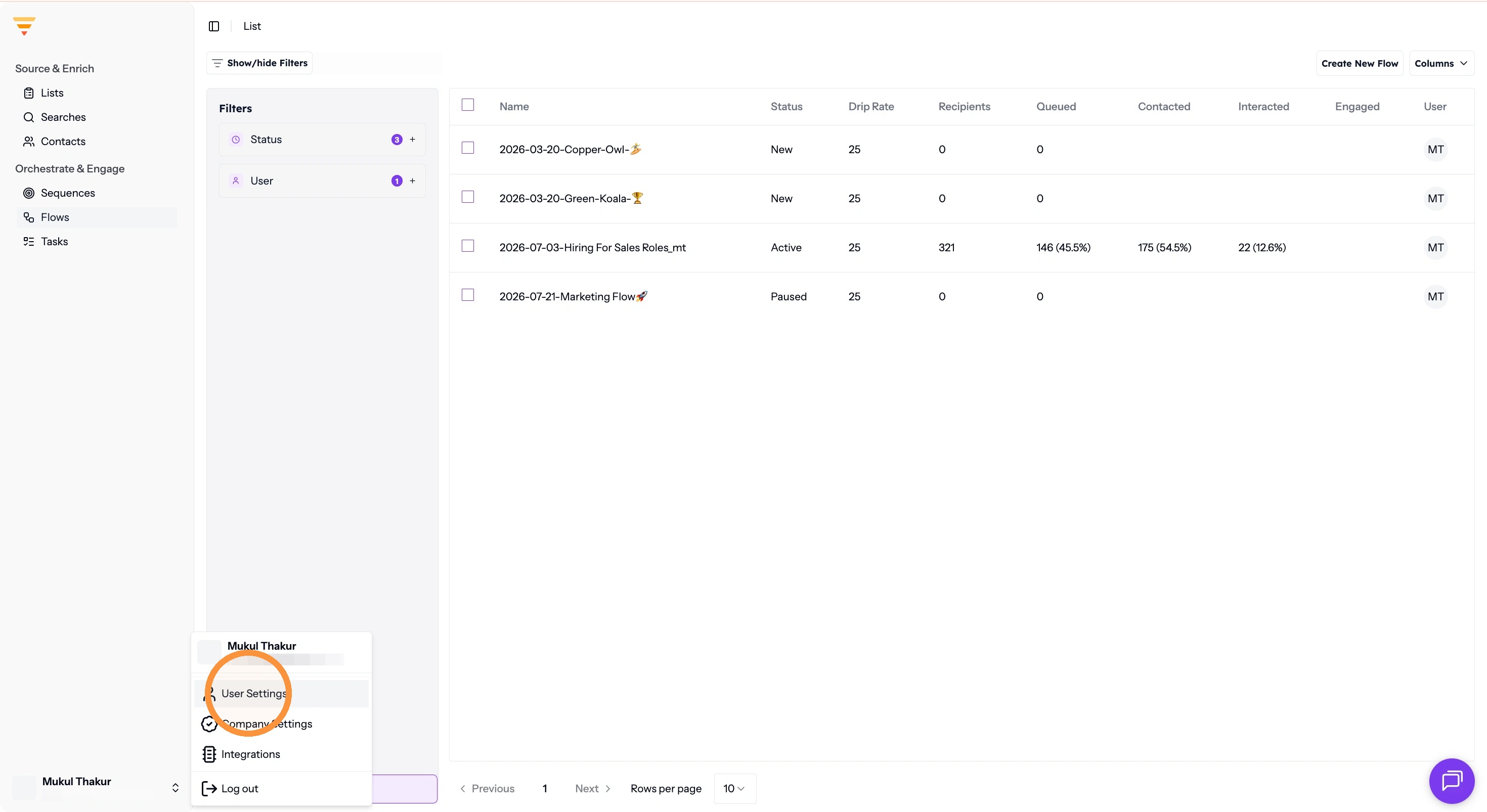 User Settings in the profile menu