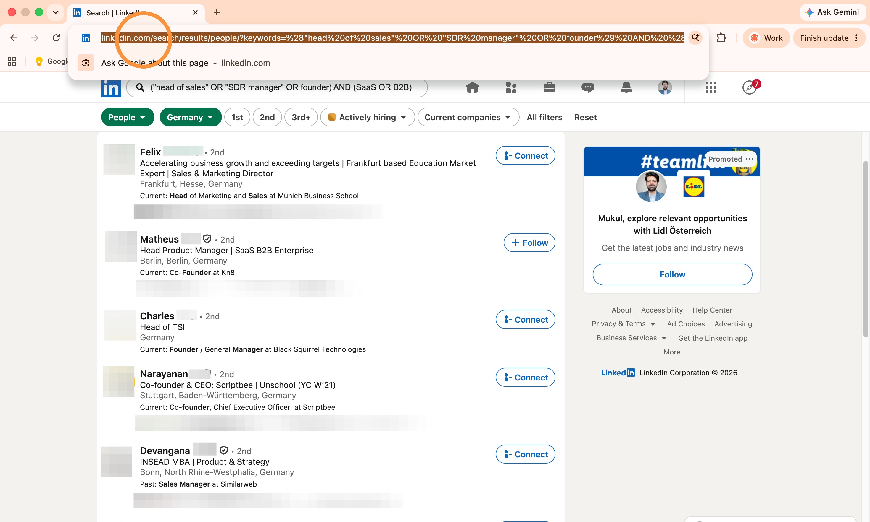 Copying the LinkedIn search URL