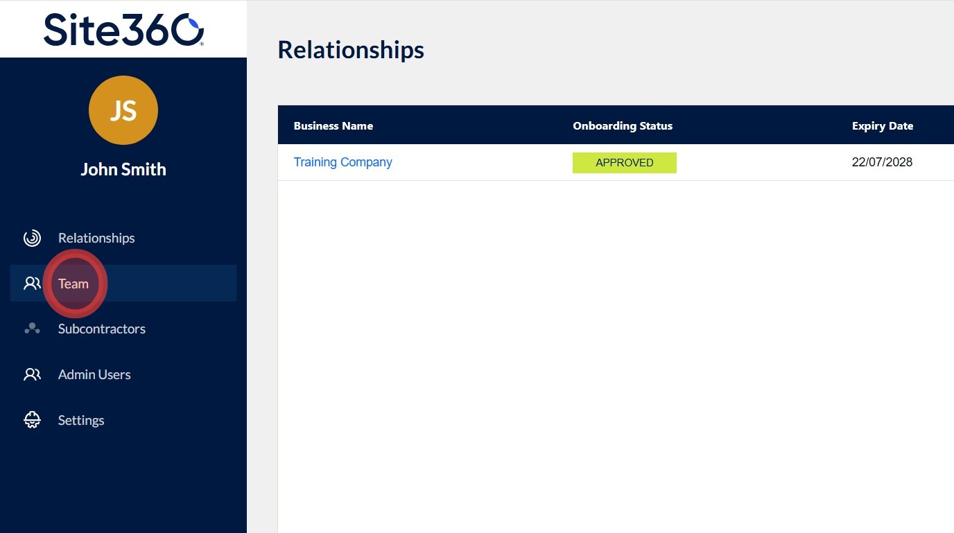 Site360 admin portal Team tab