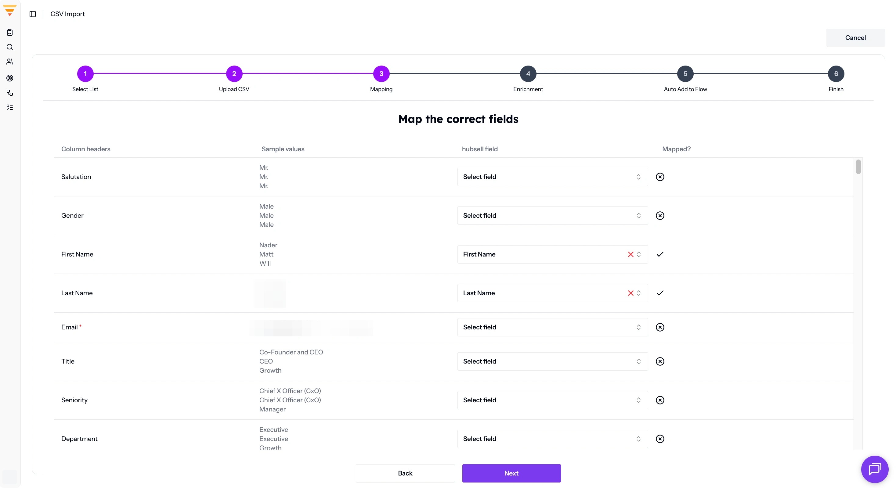 Mapping CSV columns to hubsell fields