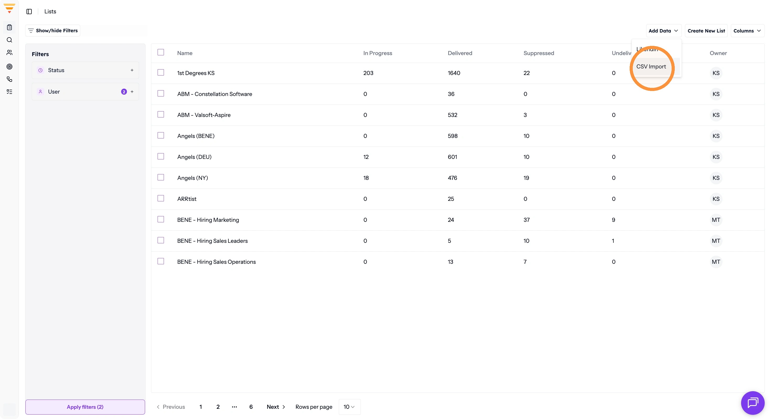 Adding data from a CSV in the Lists screen