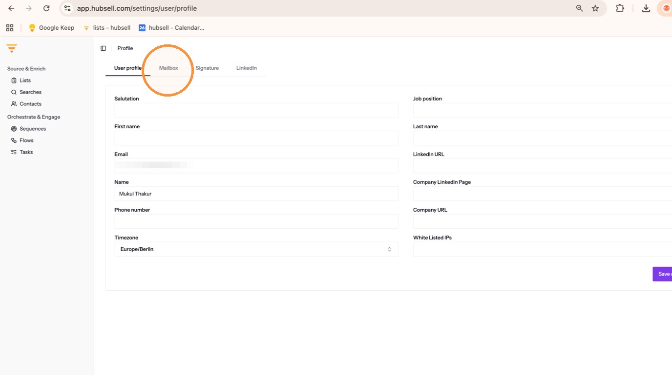 The Mailbox tab under User Settings
