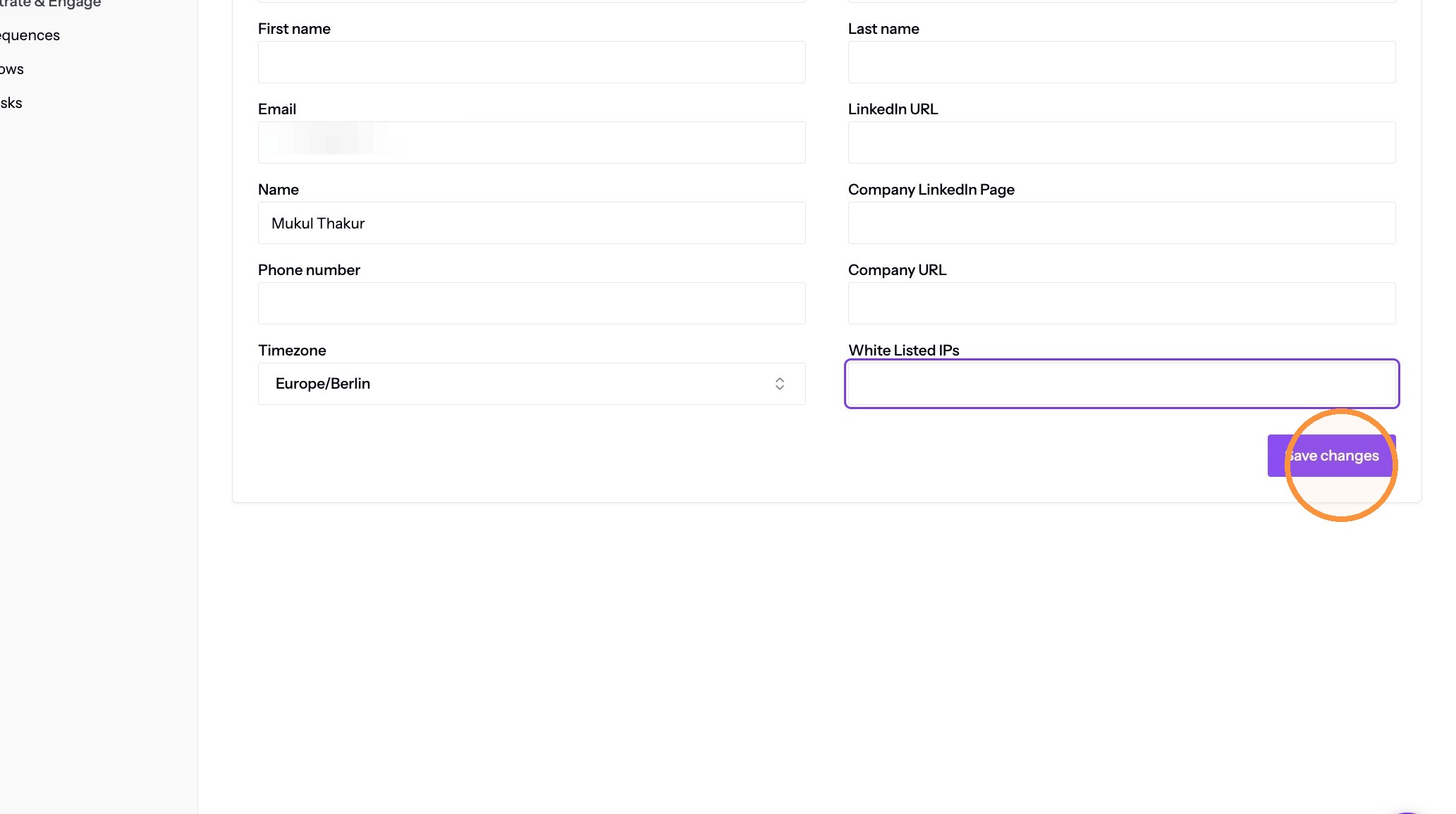 The Save changes button on User Settings
