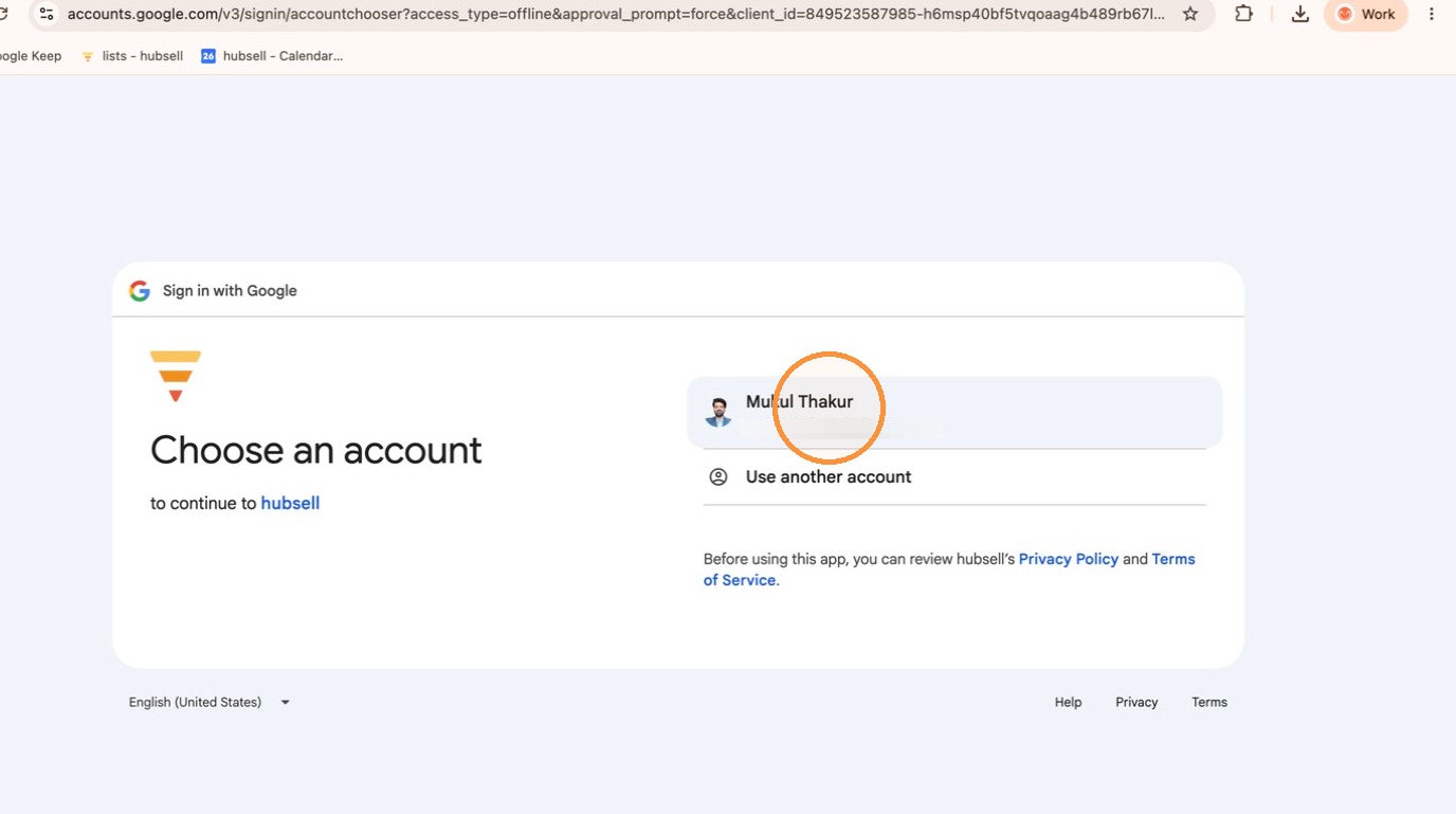 Selecting the Google account to connect