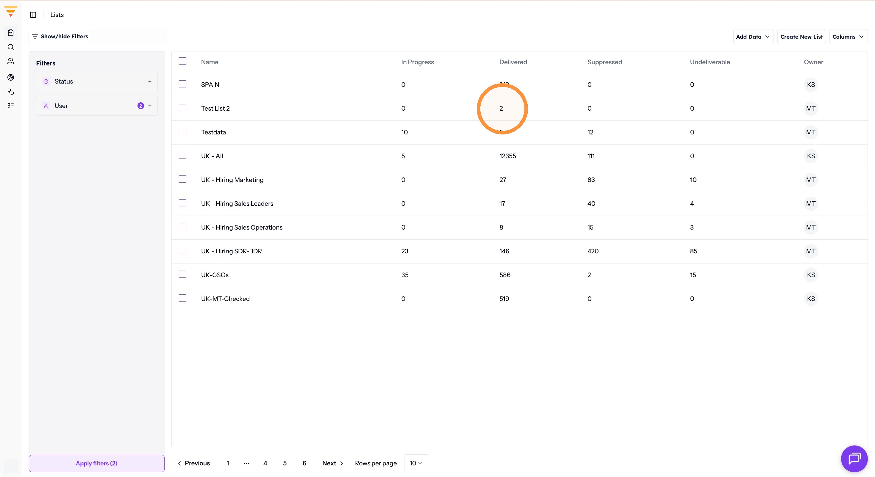 The Delivered column in the Lists screen