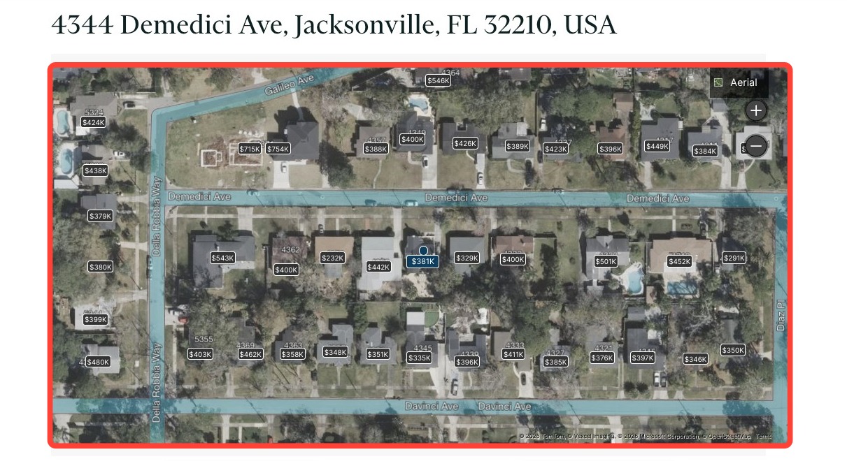 Satellite view of the subject property with nearby home values