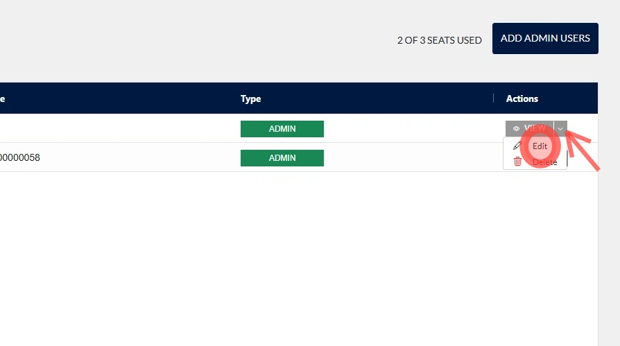 Edit admin user drop-down