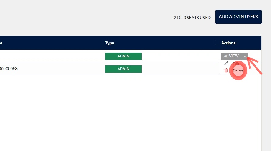 Delete admin user drop-down