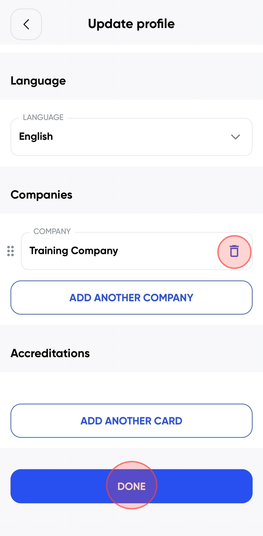 Companies section with bin icon